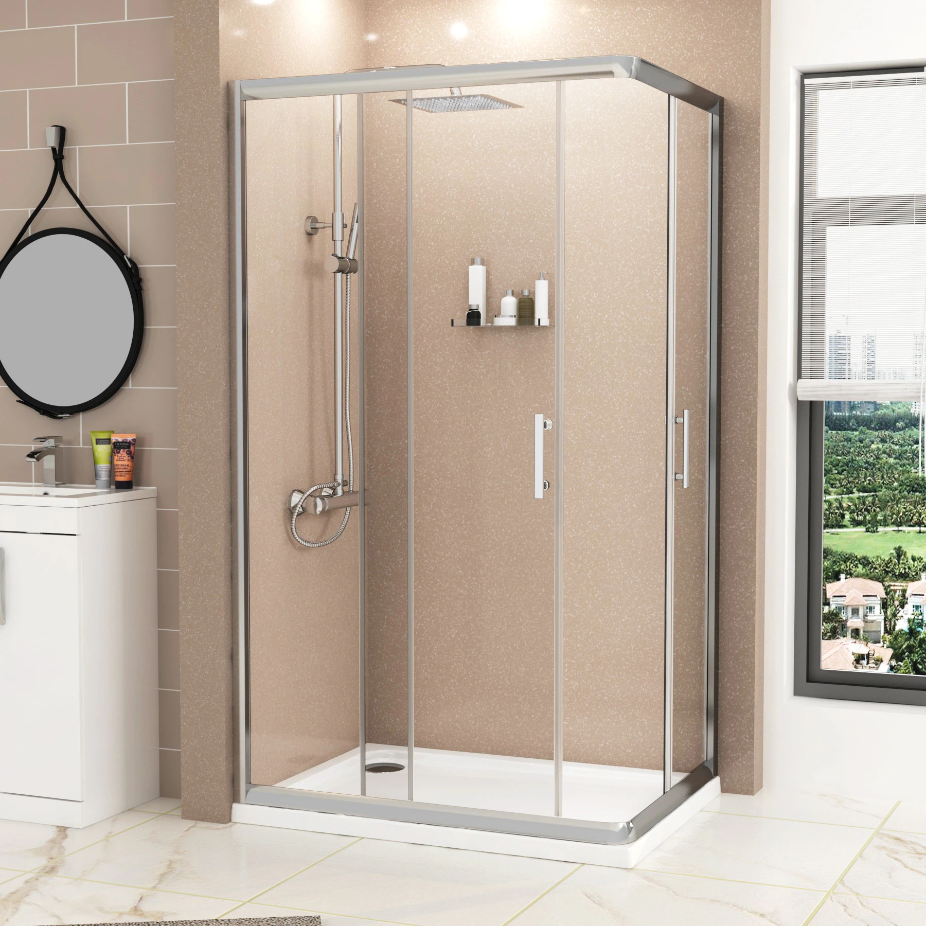 Plaza Rectangular Corner Entry Shower Enclosure with Pearlstone Tray ...