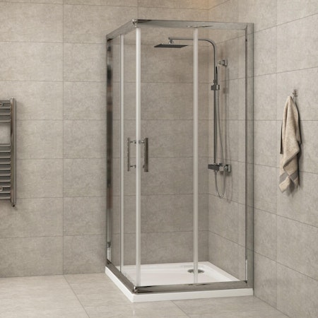 Plaza 700 x 700mm Square Corner Entry Shower Enclosure with Pearlstone Tray - Sliding Door