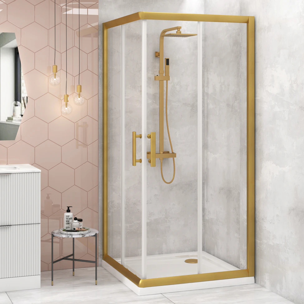 Venice Brushed Brass Square Corner Entry Sliding Door Shower Enclosure
