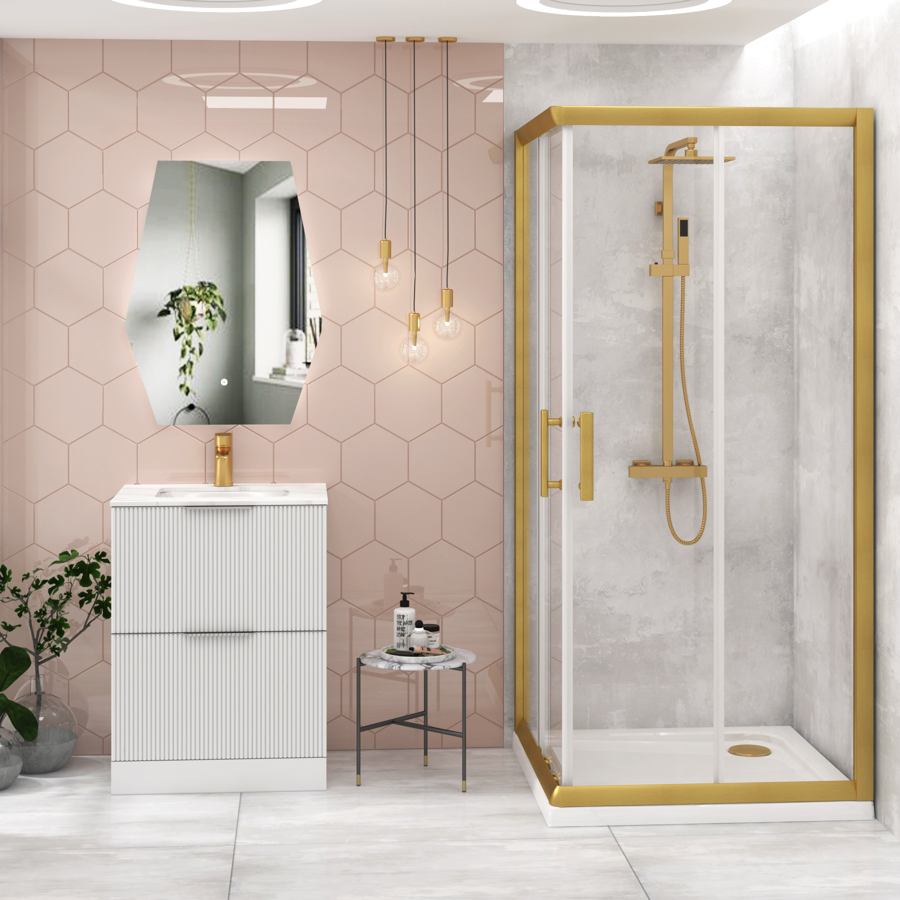 Venice 1000 x 1000mm Brushed Brass Square Corner Entry Sliding Door Shower Enclosure