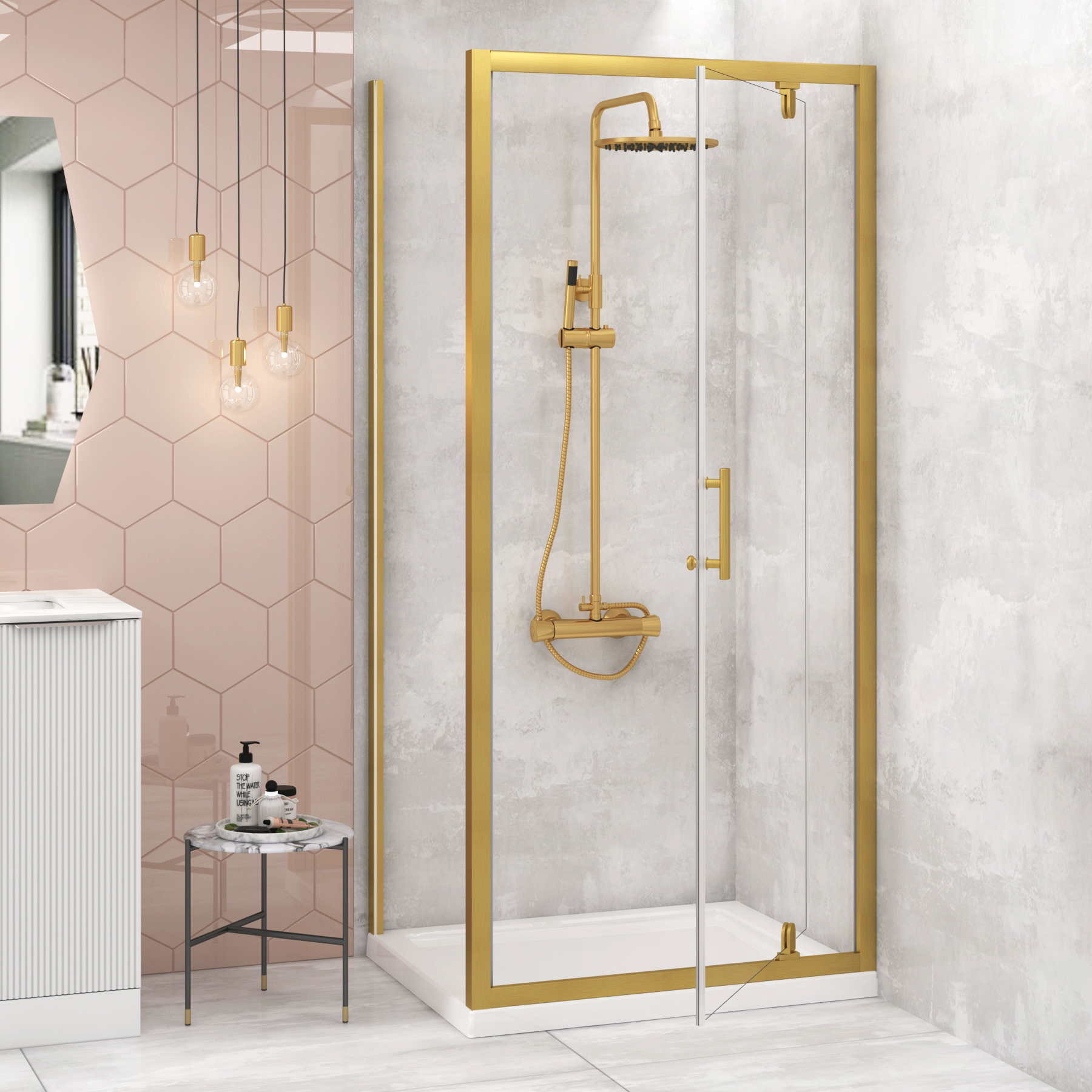 Venice 1000 x 800mm Brushed Brass Rectangular Pivot Door Shower Enclosure - 6mm Glass