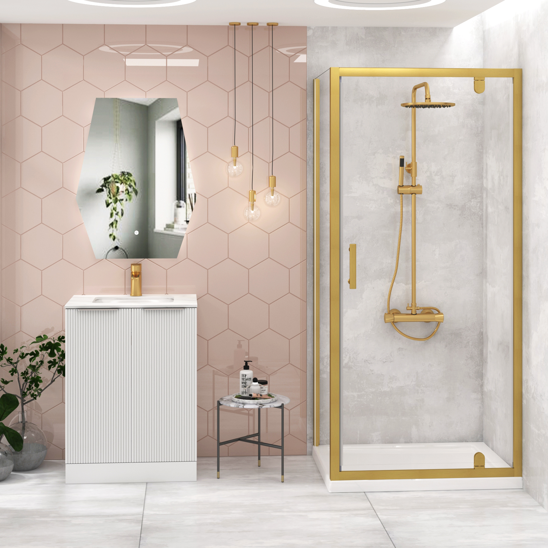 Venice 900 x 900mm Brushed Brass Square Pivot Door Shower Enclosure - 6mm Glass