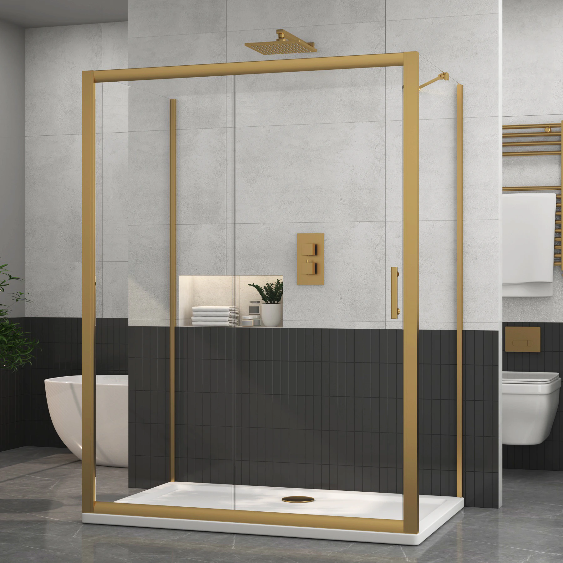 Venice 1400 x 800mm Brushed Brass Rectangle Sliding Door 3-Sided Shower ...