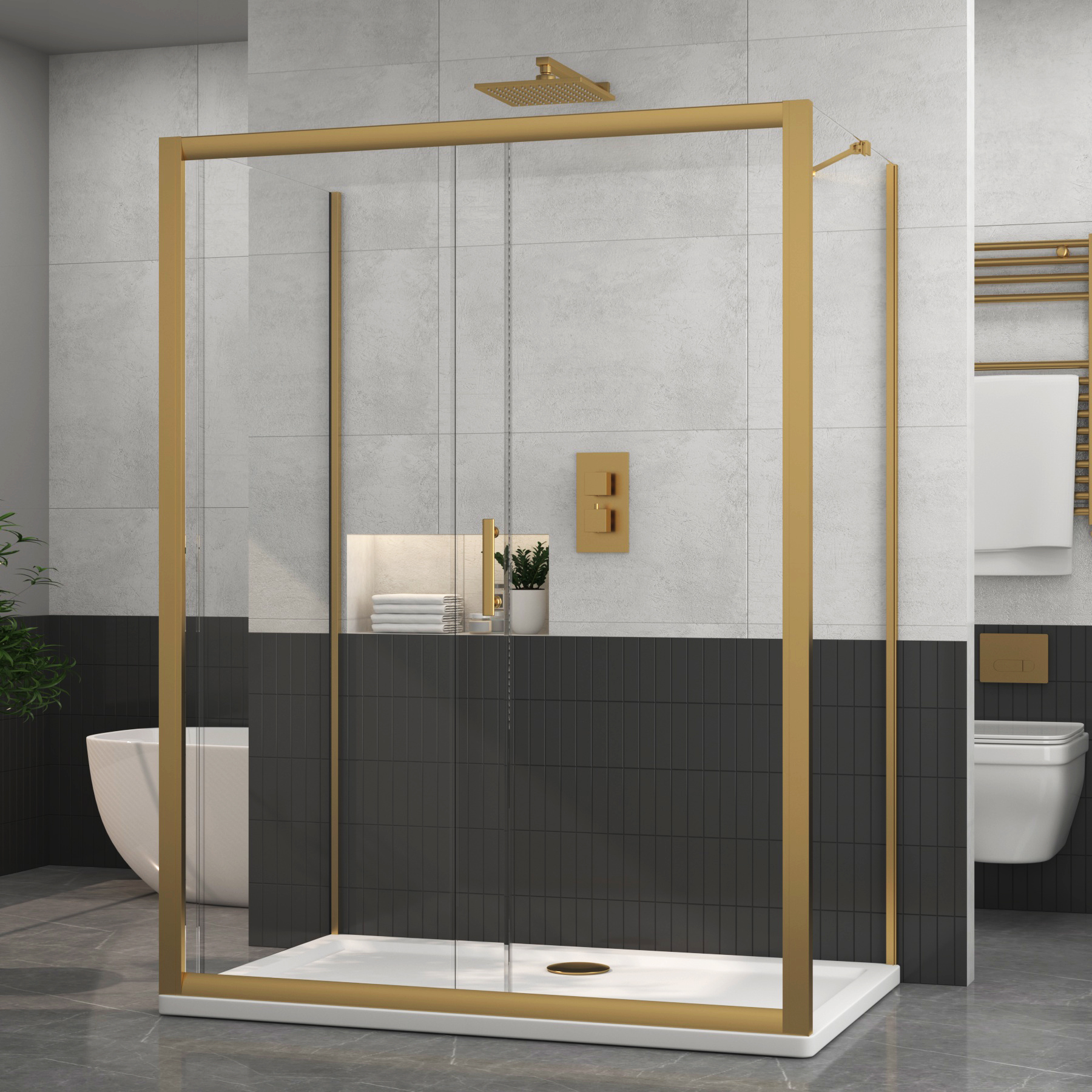Venice Brushed Brass Rectangle Sliding Door 3-Sided Shower Enclosure 6mm Glass