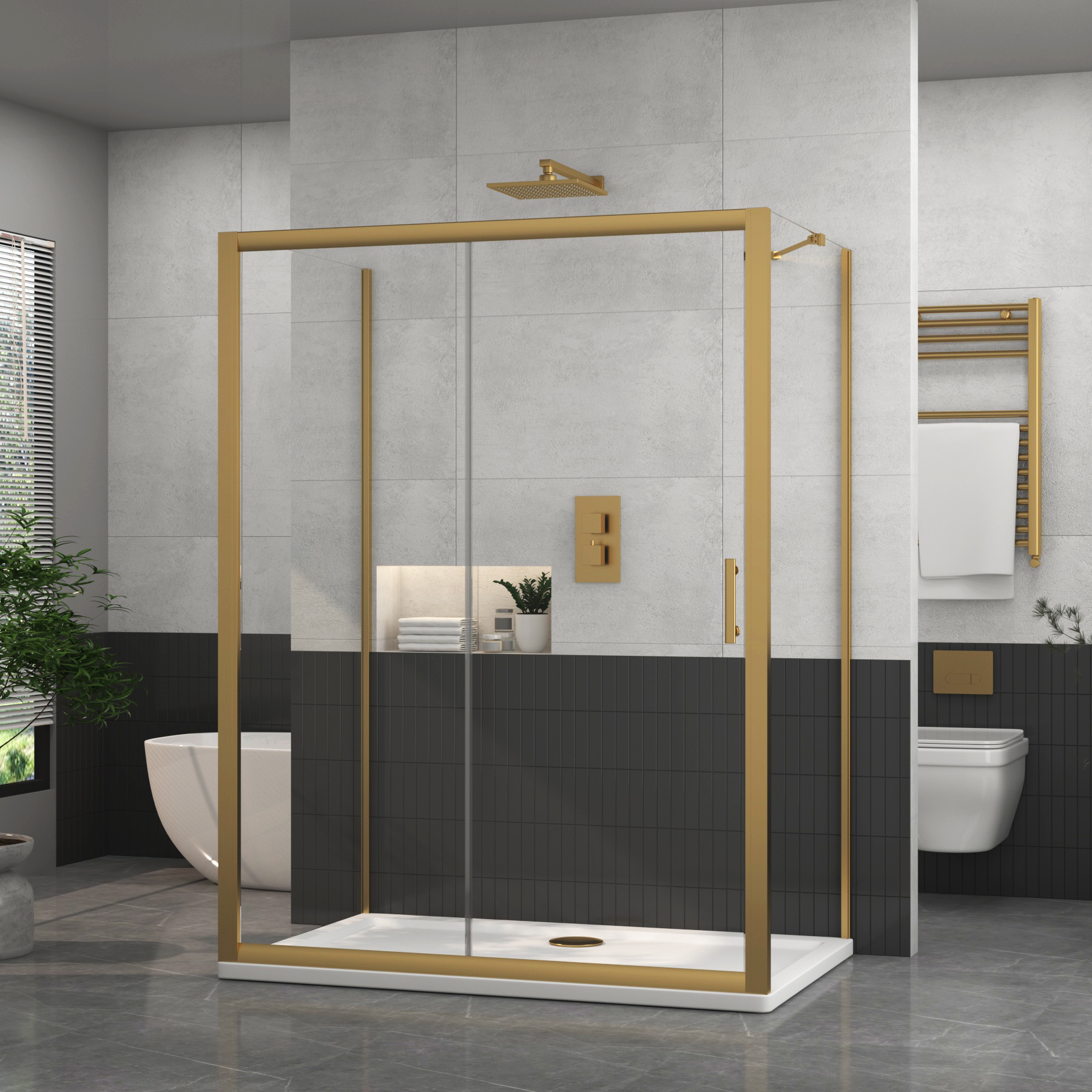 Venice Brushed Brass Rectangle Sliding Door 3-Sided Shower Enclosure 6mm Glass