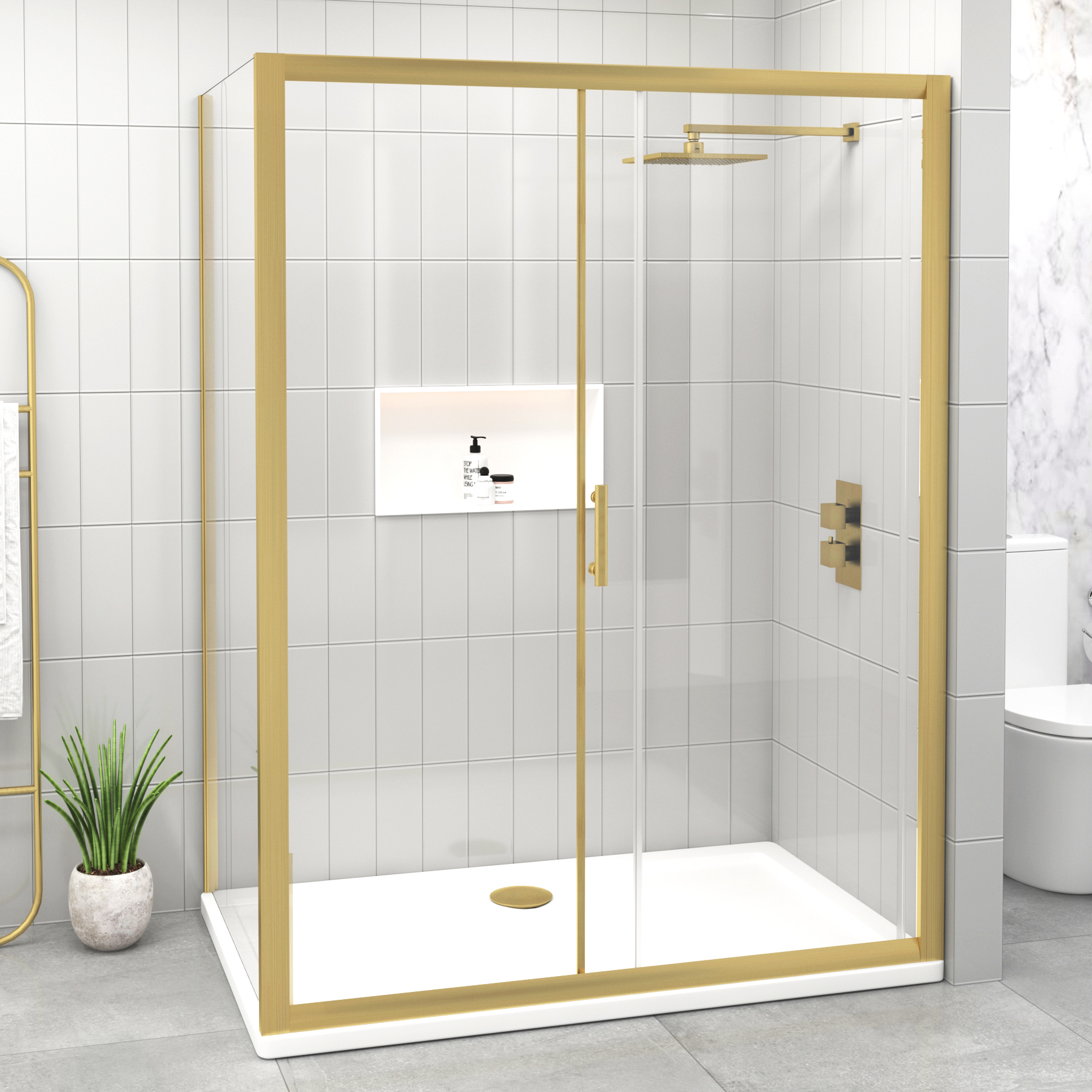Venice 6mm Brushed Brass Sliding Door Rectangular Shower Enclosure ...