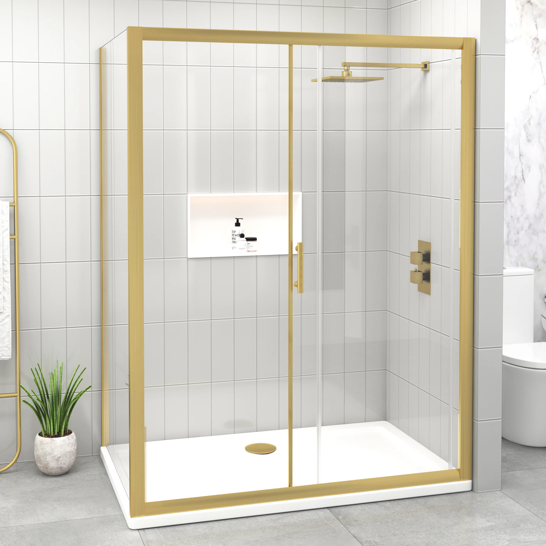 Venice 6mm Brushed Brass Sliding Door Rectangular Shower Enclosure ...