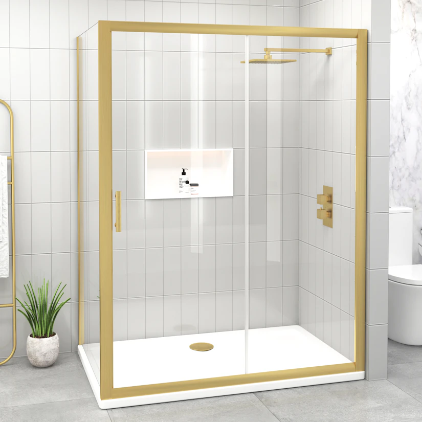 Venice 6mm Brushed Brass Sliding Door Rectangular Shower Enclosure ...
