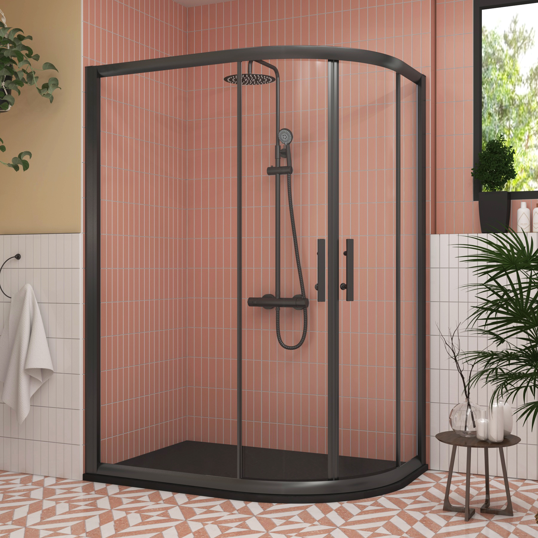 Milan 1200 x 800mm Matt Black Offset Quadrant Shower Enclosure with Black Stone Shower Tray - 6mm Double Sliding Door