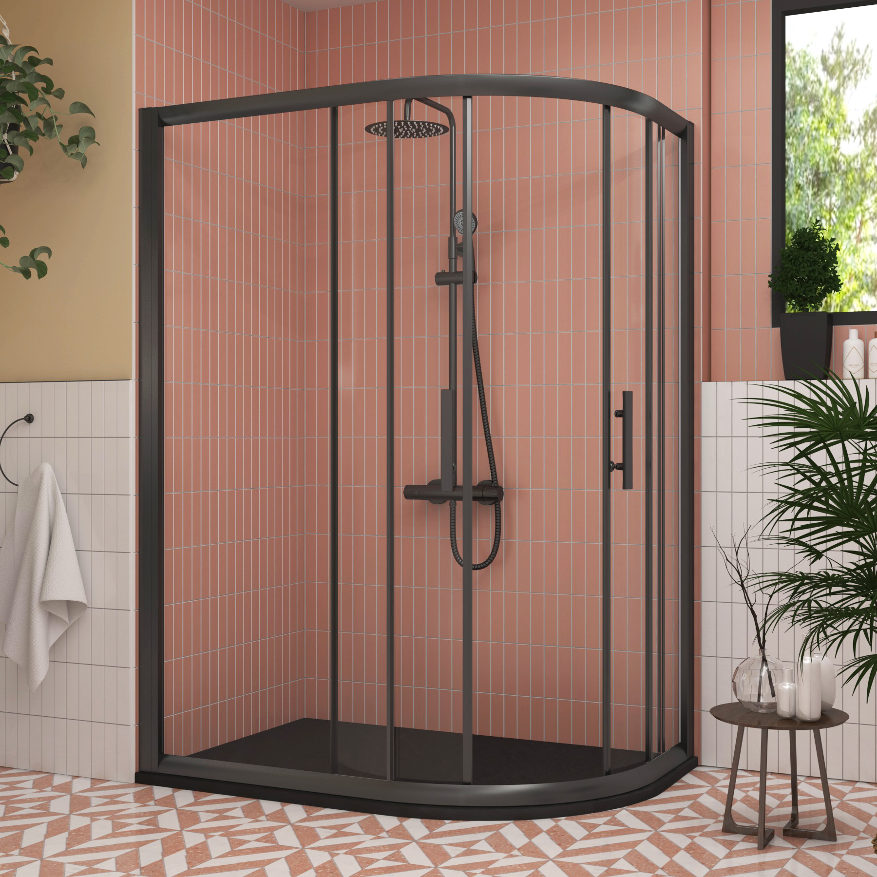 Milan 1200 x 800mm Matt Black Offset Quadrant Shower Enclosure with Black Stone Shower Tray - 6mm Double Sliding Door