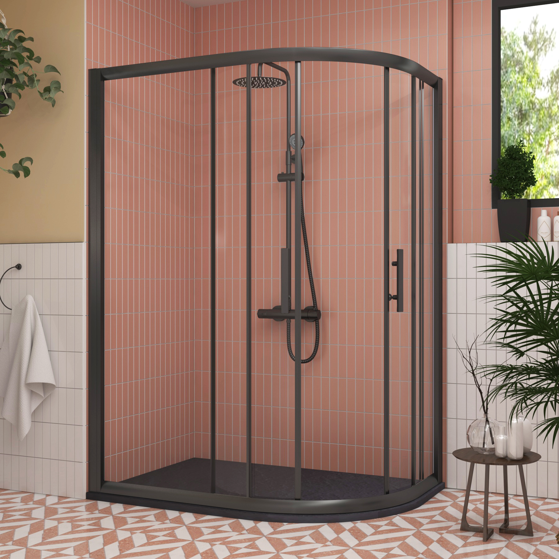 Milan 1200 x 800mm Matt Black Offset Quadrant Shower Enclosure with Grey Stone Shower Tray - 6mm Double Sliding Door
