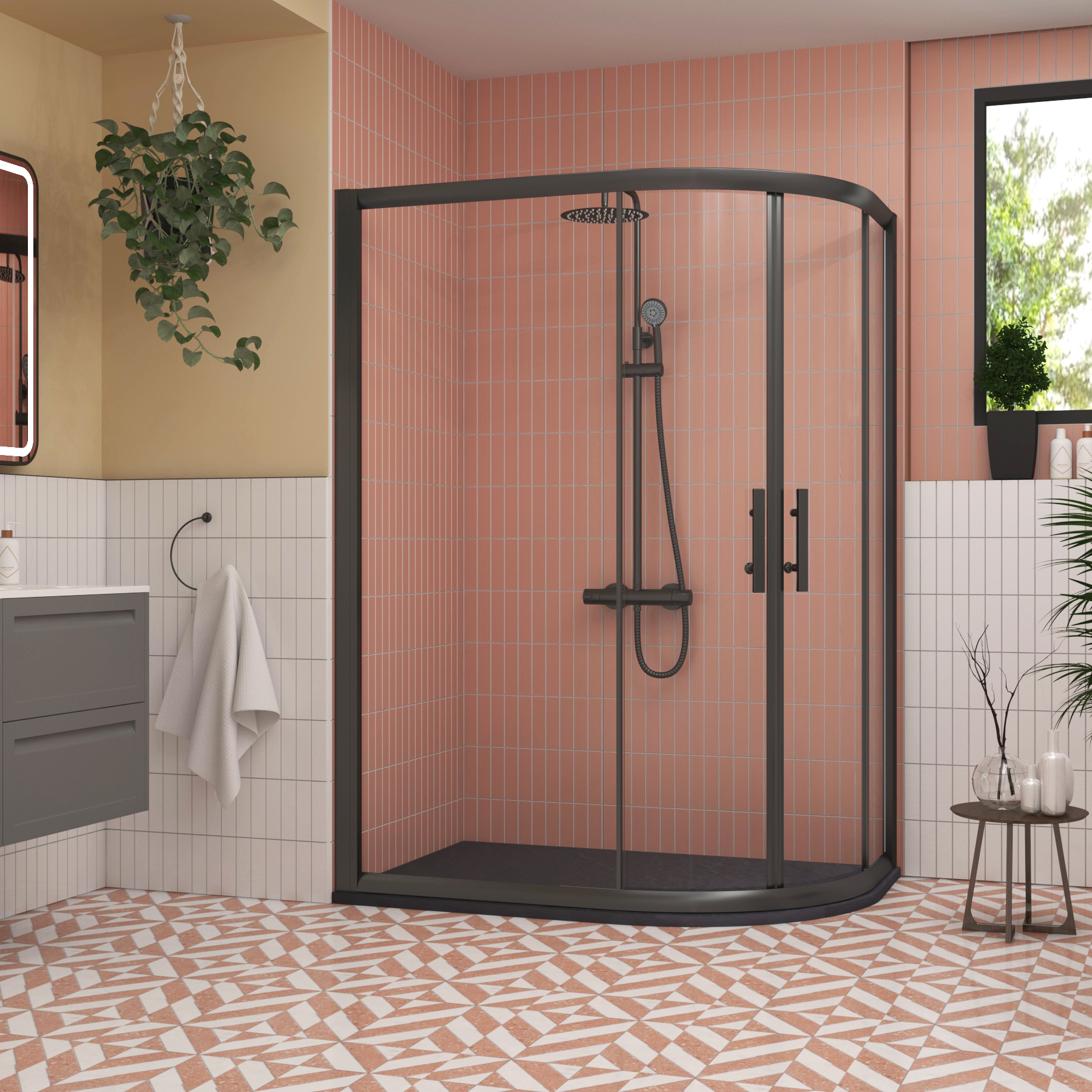 Milan 1200 x 800mm Matt Black Offset Quadrant Shower Enclosure with Grey Stone Shower Tray - 6mm Double Sliding Door