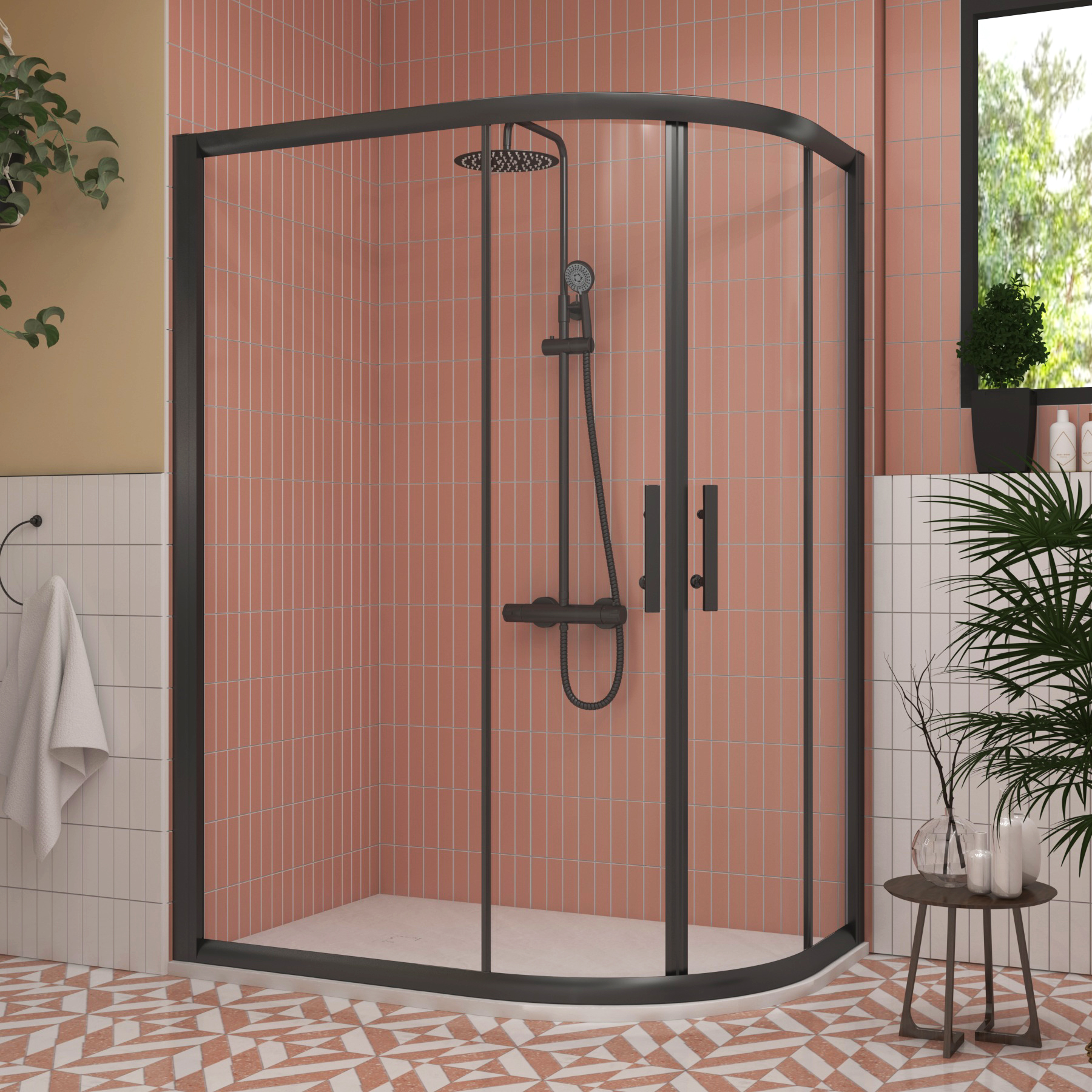 Milan 1200 x 800mm Matt Black Offset Quadrant Shower Enclosure with White Stone Shower Tray - 6mm Double Sliding Door