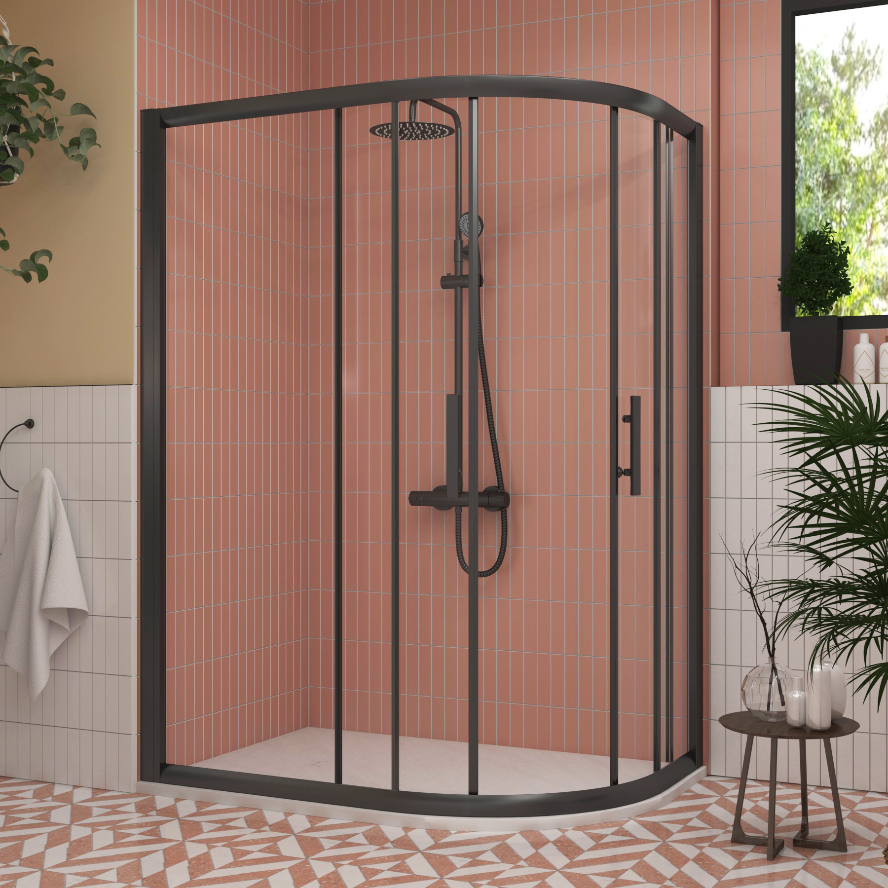 Milan 1200 x 800mm Matt Black Offset Quadrant Shower Enclosure with White Stone Shower Tray - 6mm Double Sliding Door