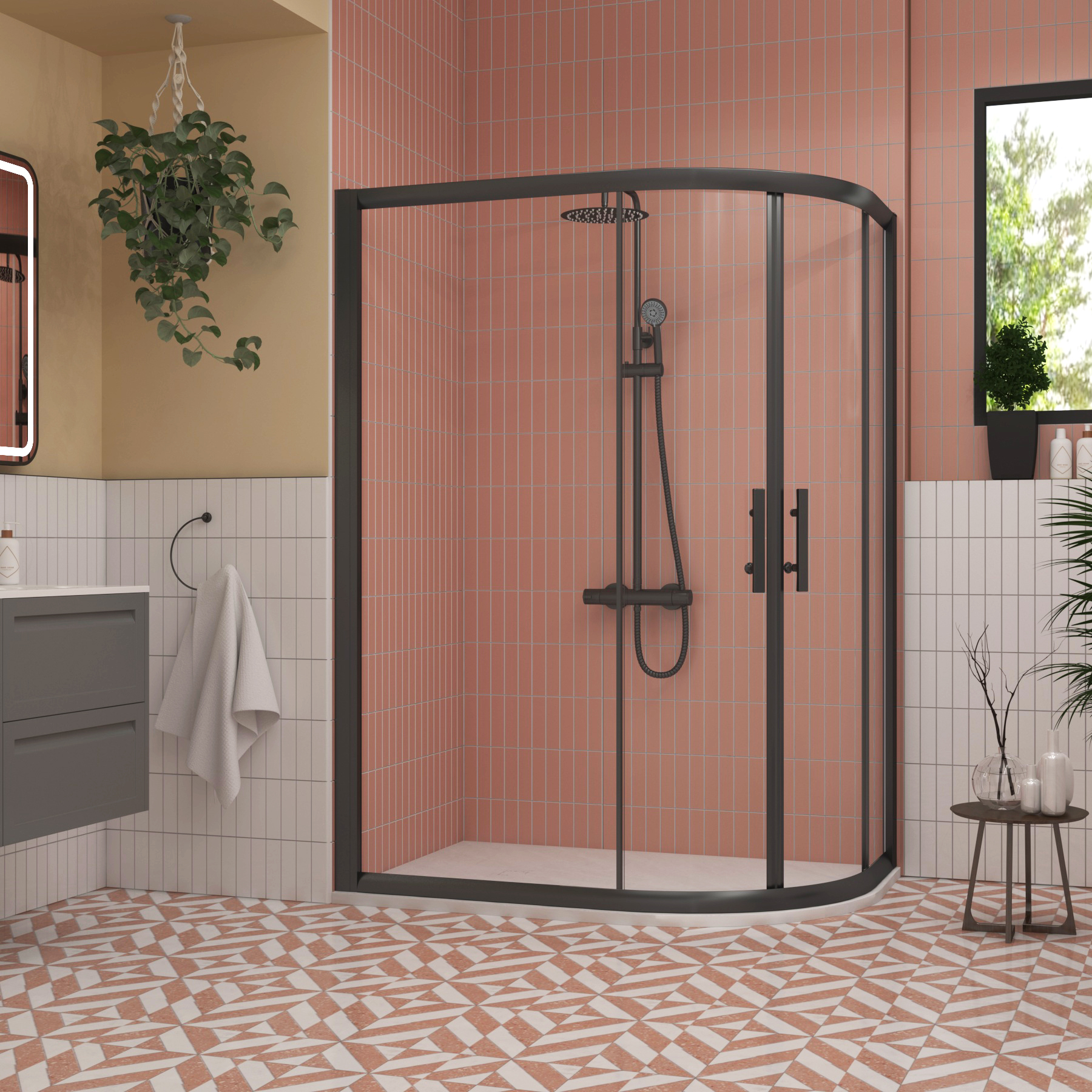 Milan 1200 x 800mm Matt Black Offset Quadrant Shower Enclosure with White Stone Shower Tray - 6mm Double Sliding Door