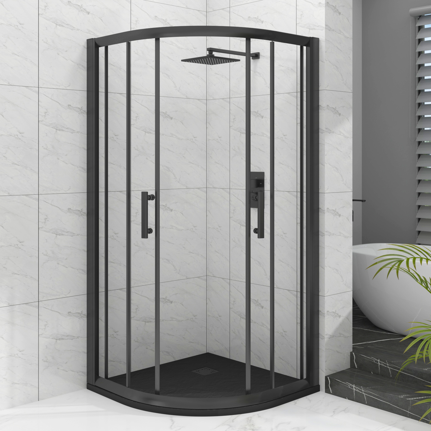 Milan Matt Black Quadrant Shower Enclosure with Black Stone Shower Tray - 6mm Double Sliding Door