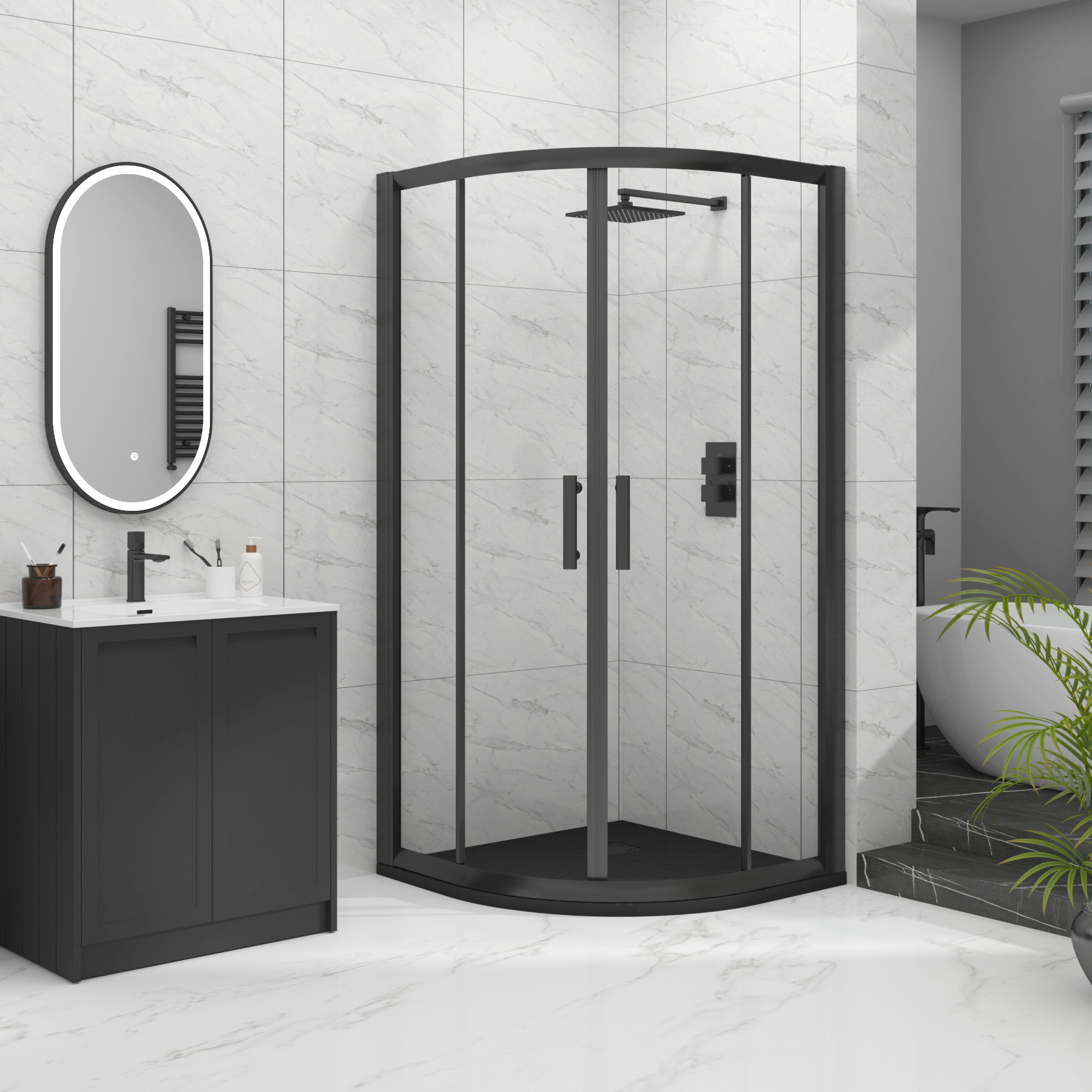 Milan Matt Black Quadrant Shower Enclosure with Black Stone Shower Tray - 6mm Double Sliding Door