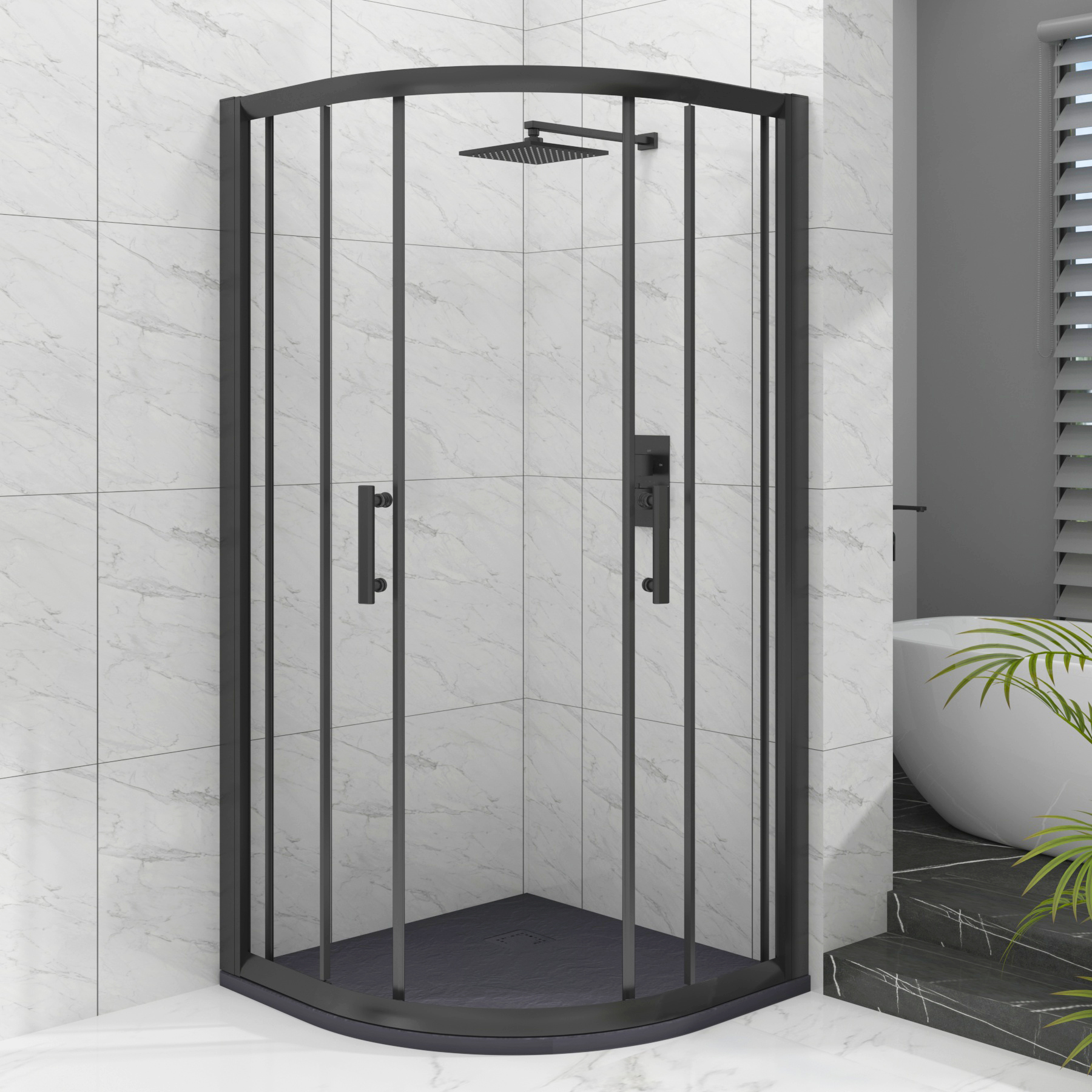 Milan Matt Black Quadrant Shower Enclosure with Grey Stone Shower Tray - 6mm Double Sliding Door