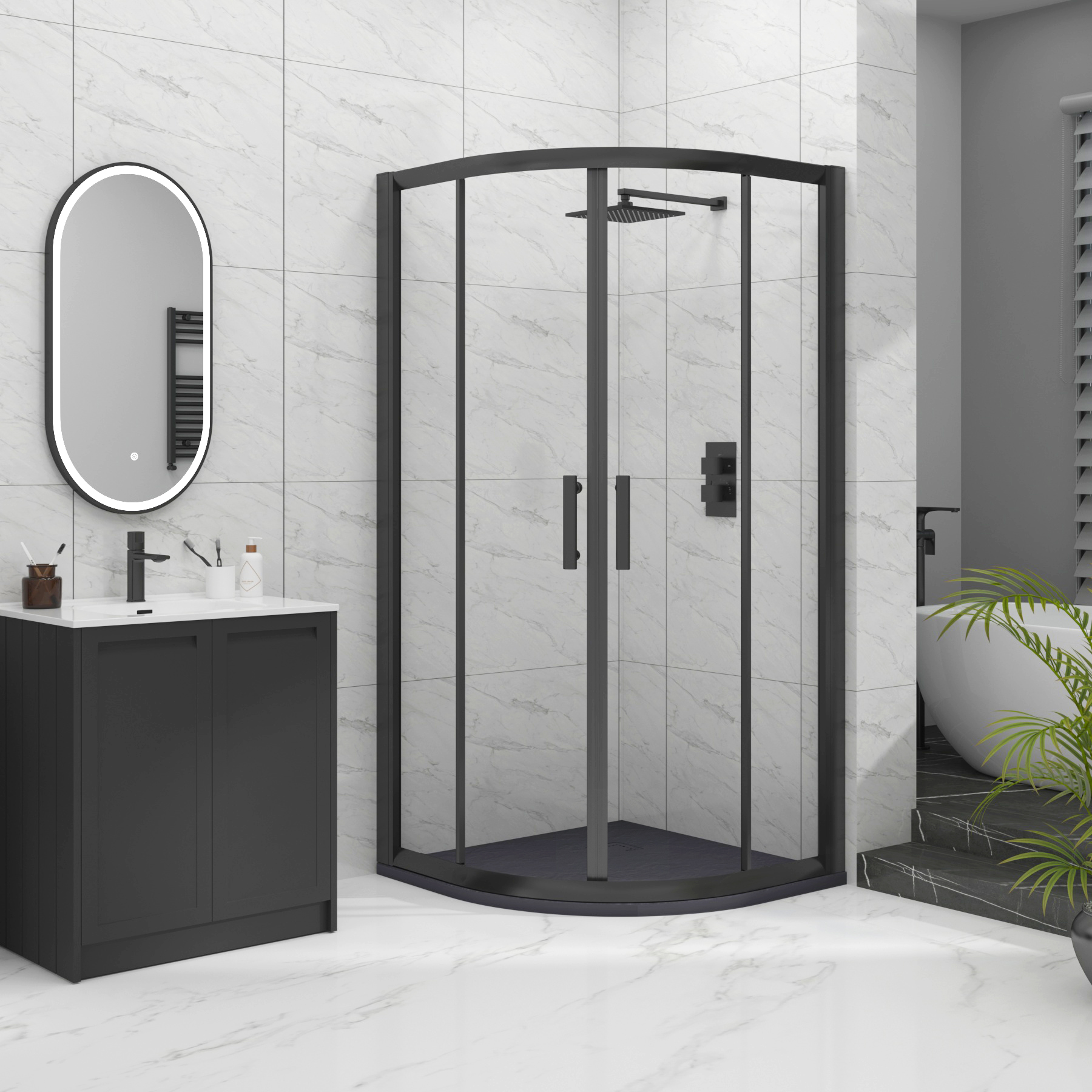 Milan Matt Black Quadrant Shower Enclosure with Grey Stone Shower Tray - 6mm Double Sliding Door