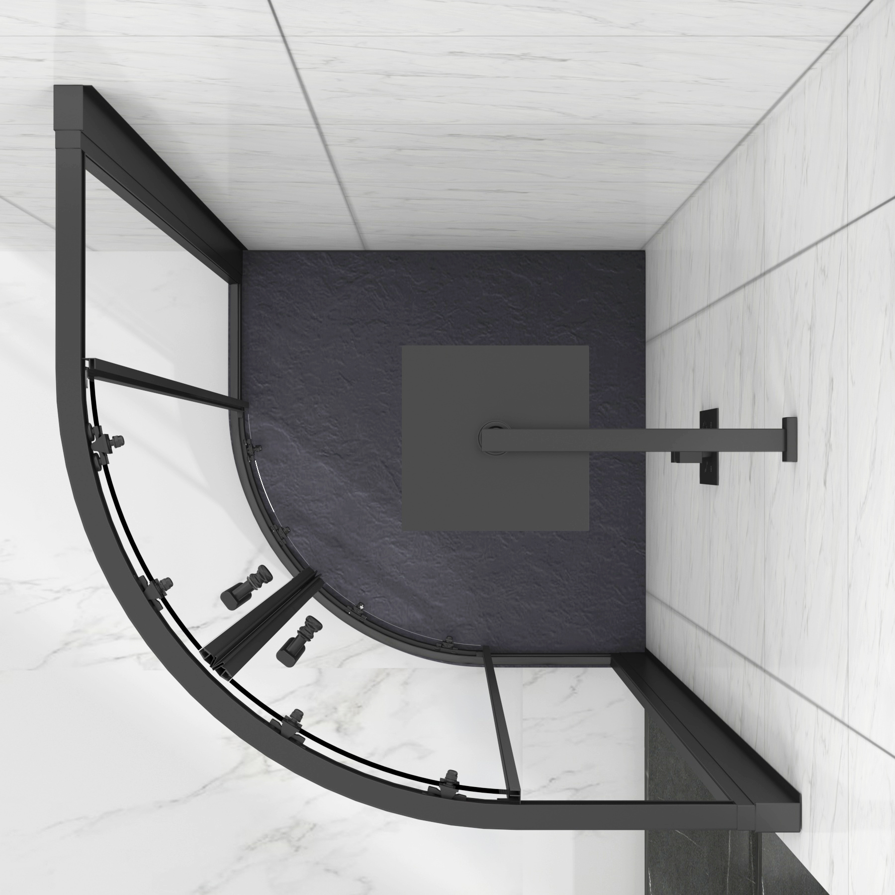 Milan Matt Black Quadrant Shower Enclosure with Grey Stone Shower Tray - 6mm Double Sliding Door