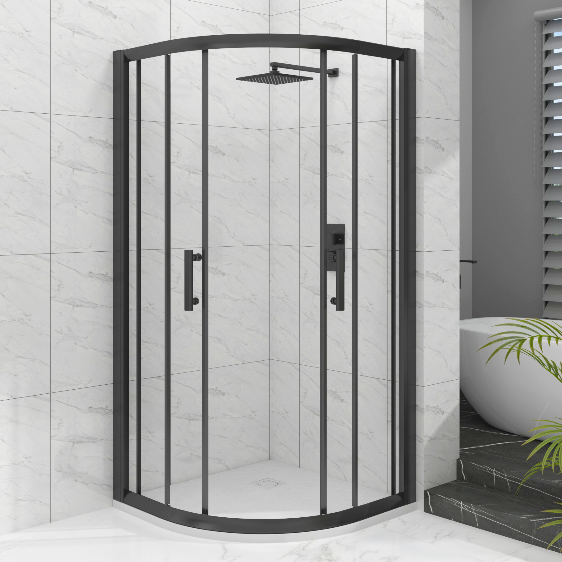 Milan Matt Black Quadrant Shower Enclosure with White Stone Shower Tray - 6mm Double Sliding Door