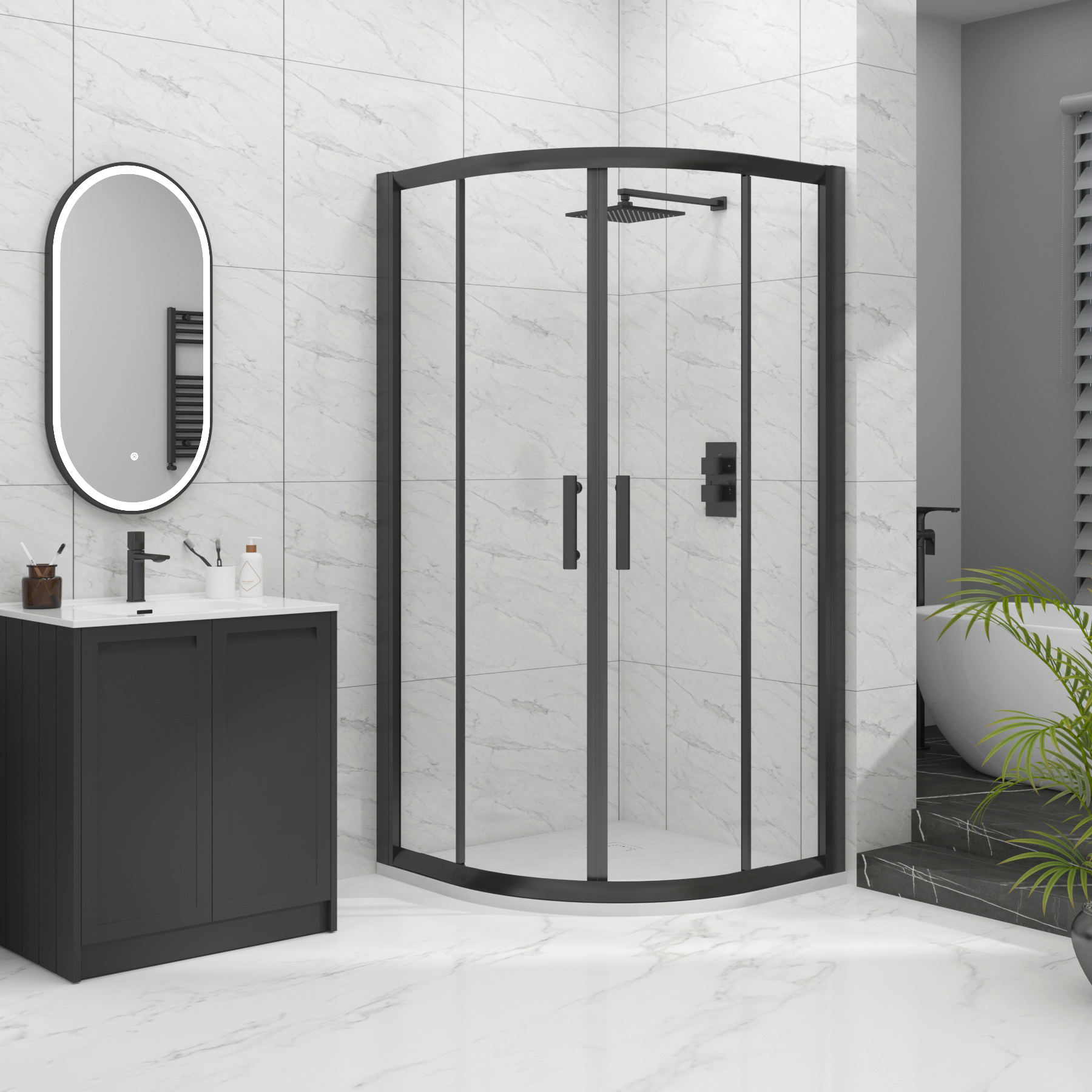 Milan Matt Black Quadrant Shower Enclosure with White Stone Shower Tray - 6mm Double Sliding Door