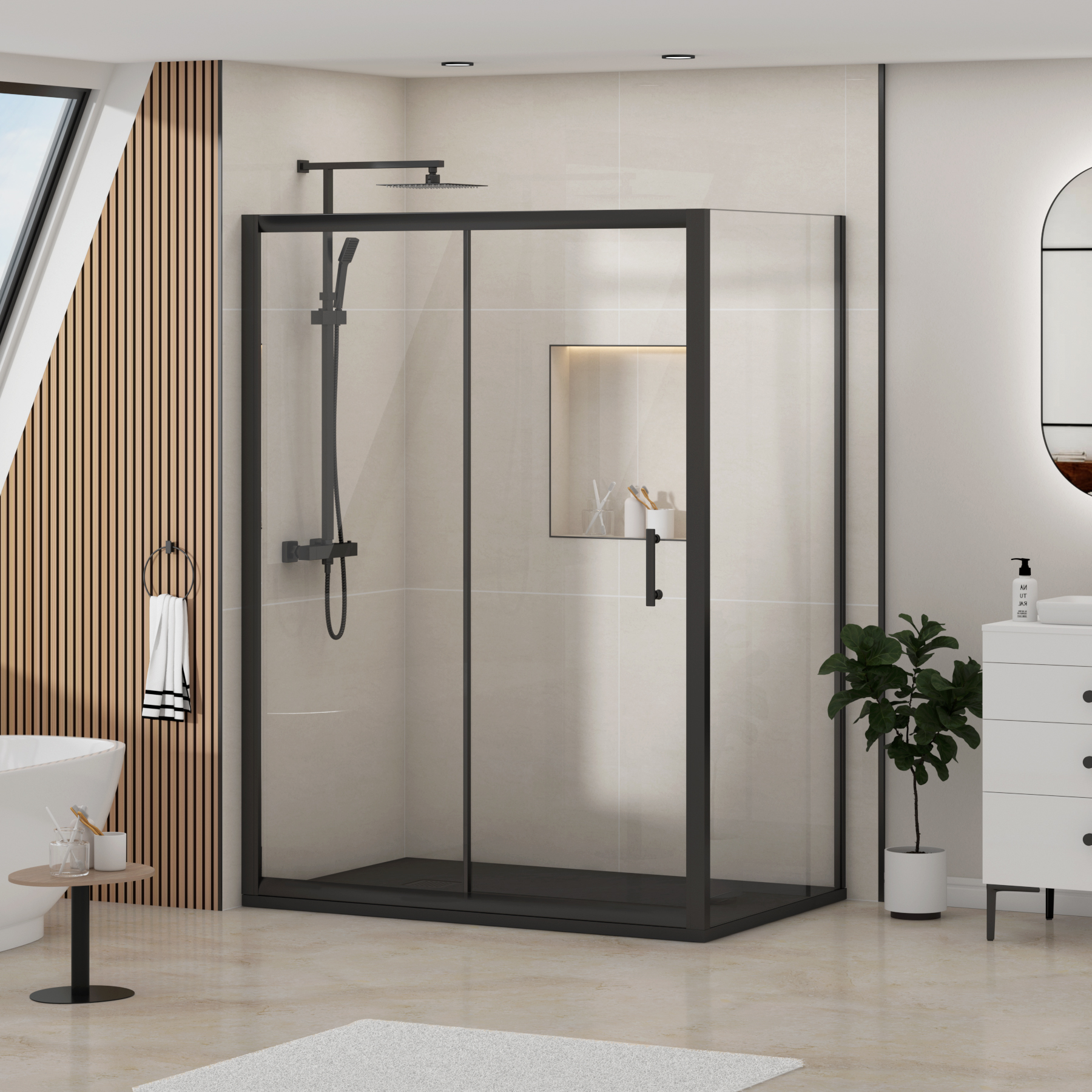 Milan Matt Black Sliding Door Shower Enclosure with Side Panel & Black Slate Effect Stone Shower Tray - 6mm Glass