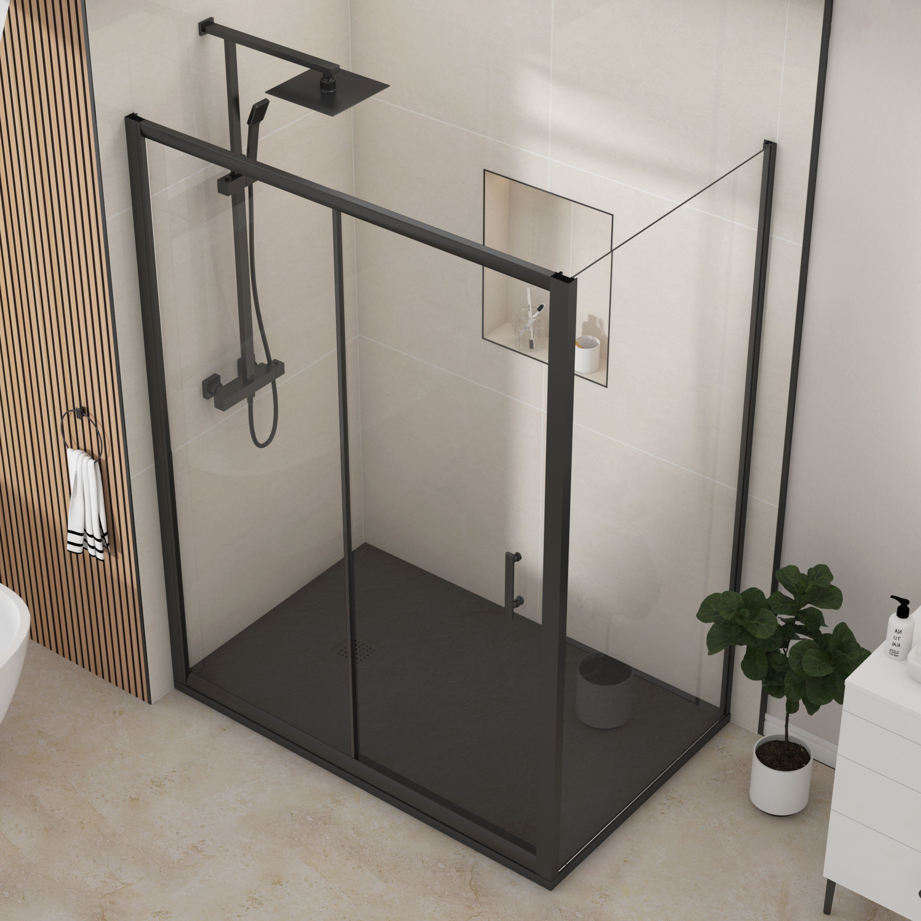 Milan Matt Black Sliding Door Shower Enclosure with Side Panel & Black Slate Effect Stone Shower Tray - 6mm Glass