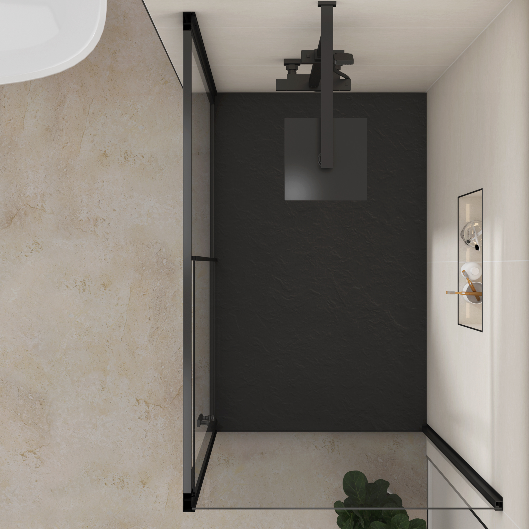 Milan Matt Black Sliding Door Shower Enclosure with Side Panel & Black Slate Effect Stone Shower Tray - 6mm Glass