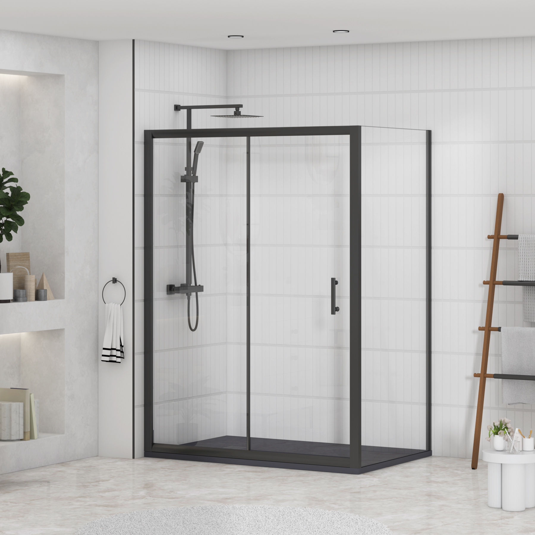 Milan Matt Black Sliding Door Shower Enclosure with Side Panel & Grey Slate Effect Stone Shower Tray - 6mm Glass