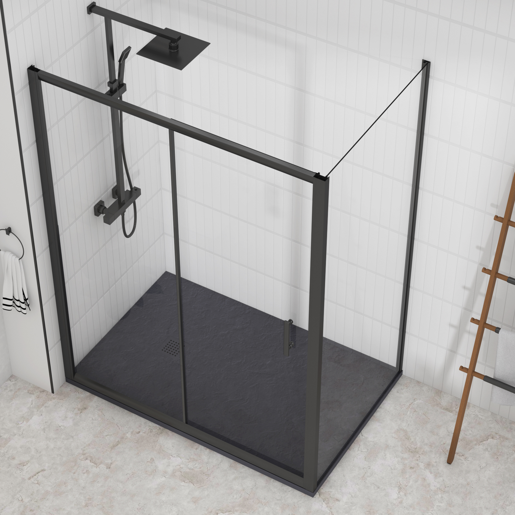 Milan Matt Black Sliding Door Shower Enclosure with Side Panel & Grey Slate Effect Stone Shower Tray - 6mm Glass