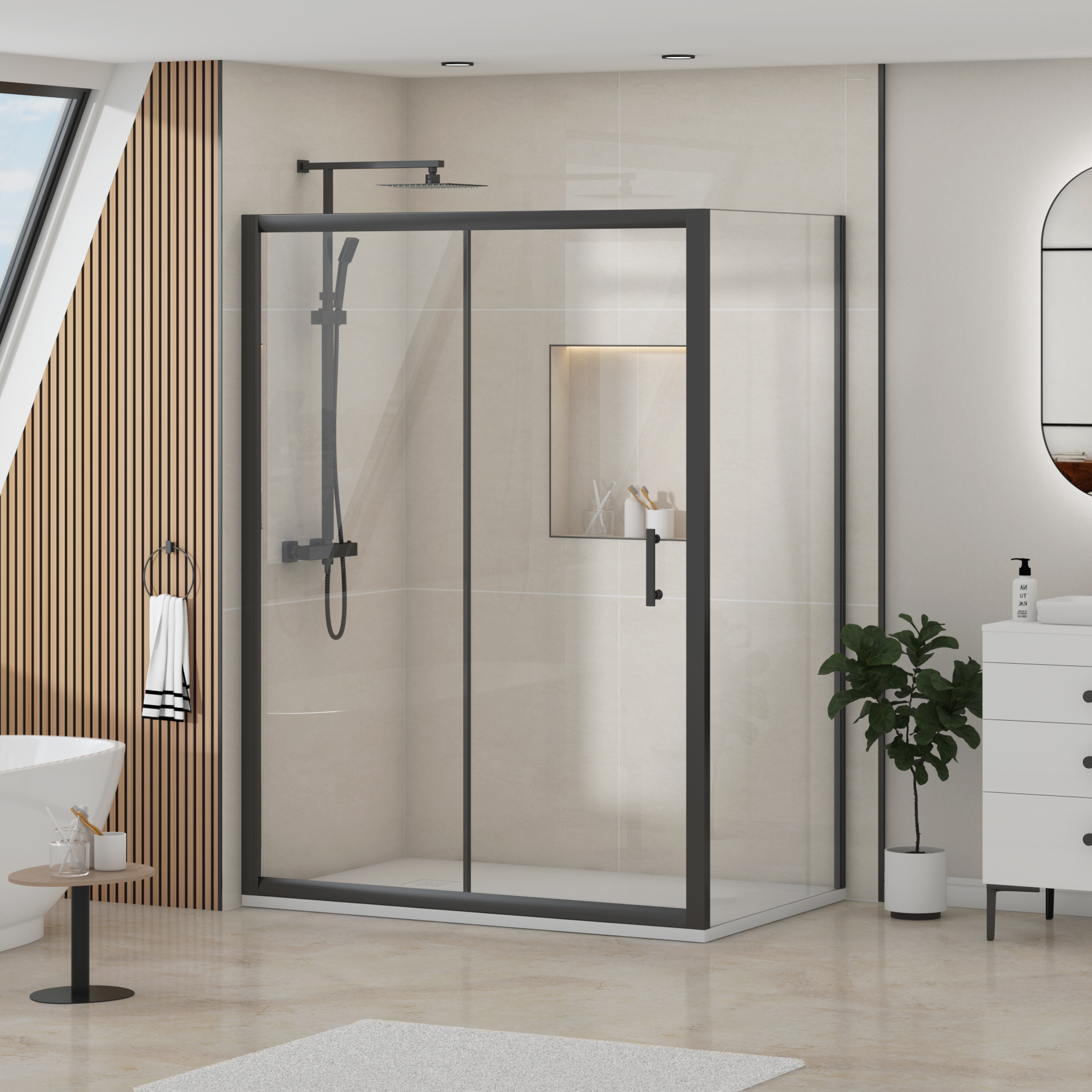 Milan Matt Black Sliding Door Shower Enclosure with Side Panel & White Slate Effect Stone Shower Tray - 6mm Glass