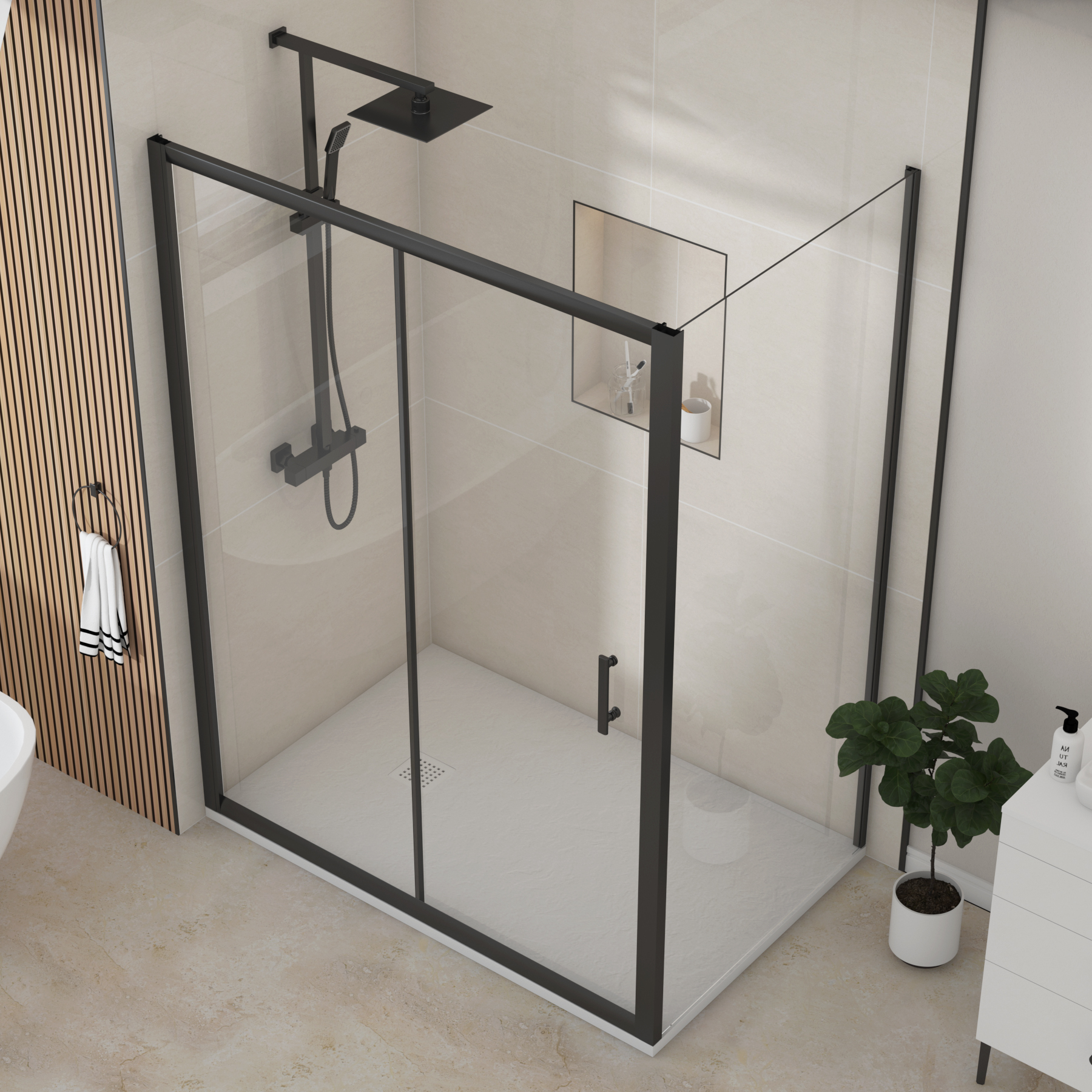 Milan Matt Black Sliding Door Shower Enclosure with Side Panel & White Slate Effect Stone Shower Tray - 6mm Glass