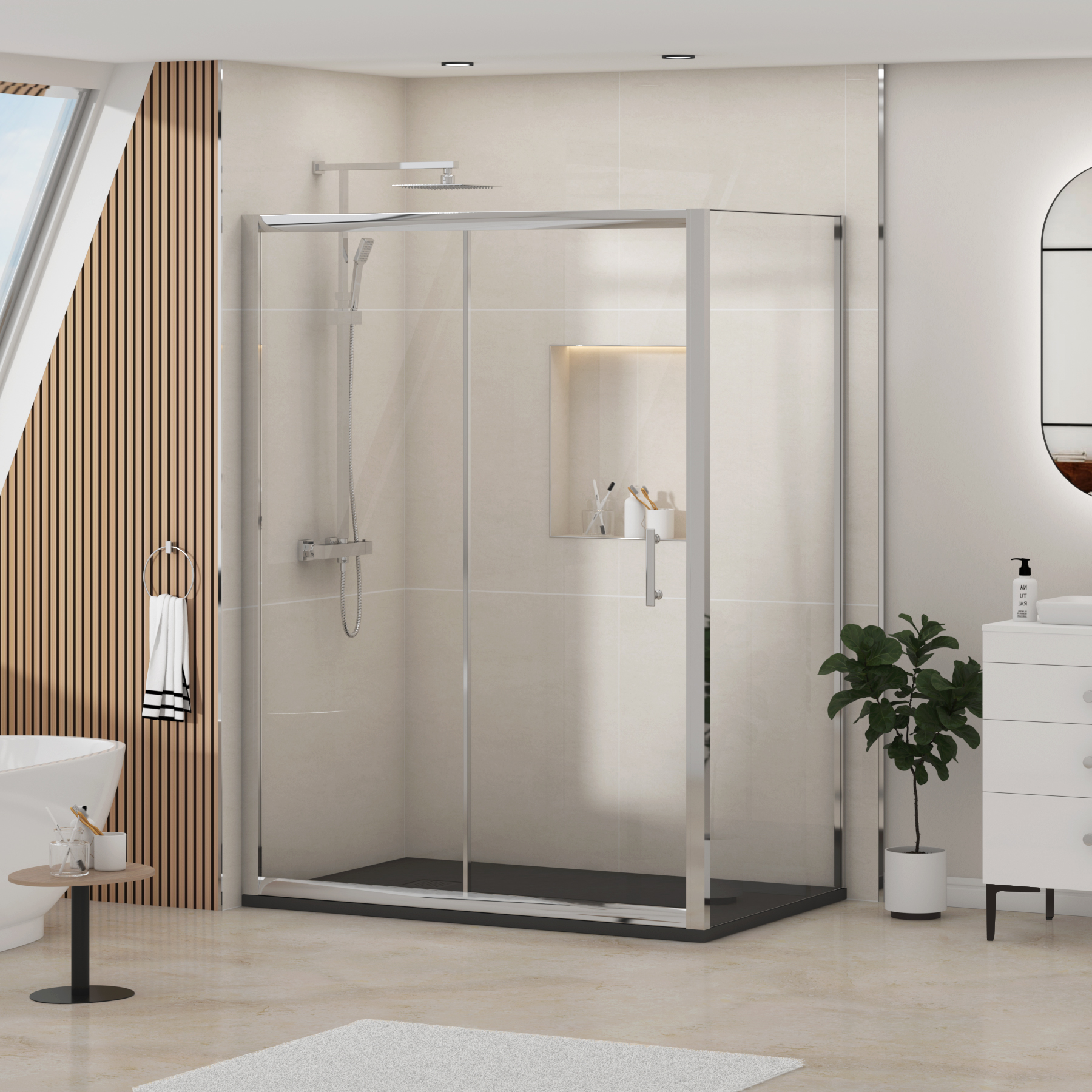 Grand Sliding Door Shower Enclosure with Side Panel & Black Slate Effect Stone Shower Tray - 6mm Glass