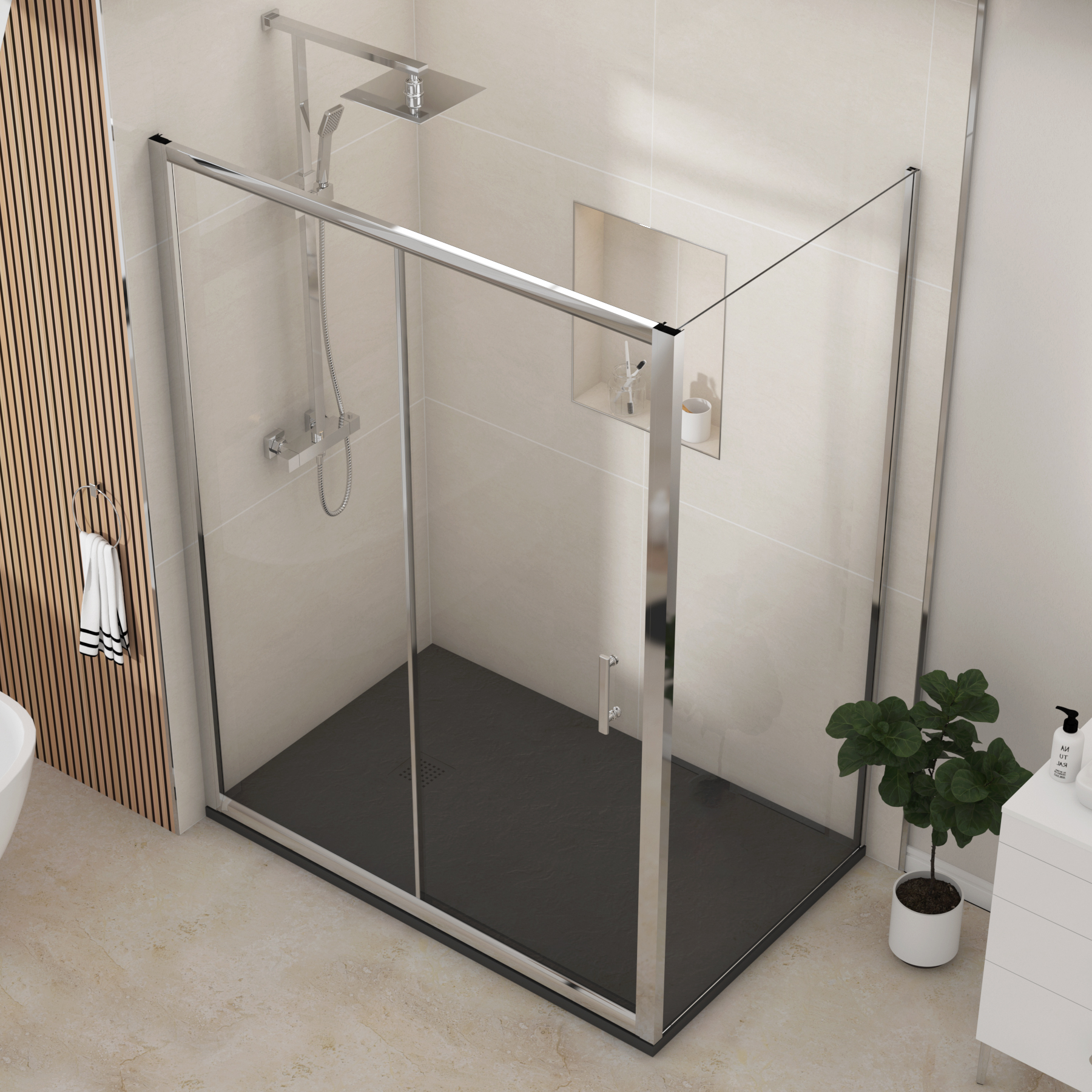 Grand Sliding Door Shower Enclosure with Side Panel & Black Slate Effect Stone Shower Tray - 6mm Glass