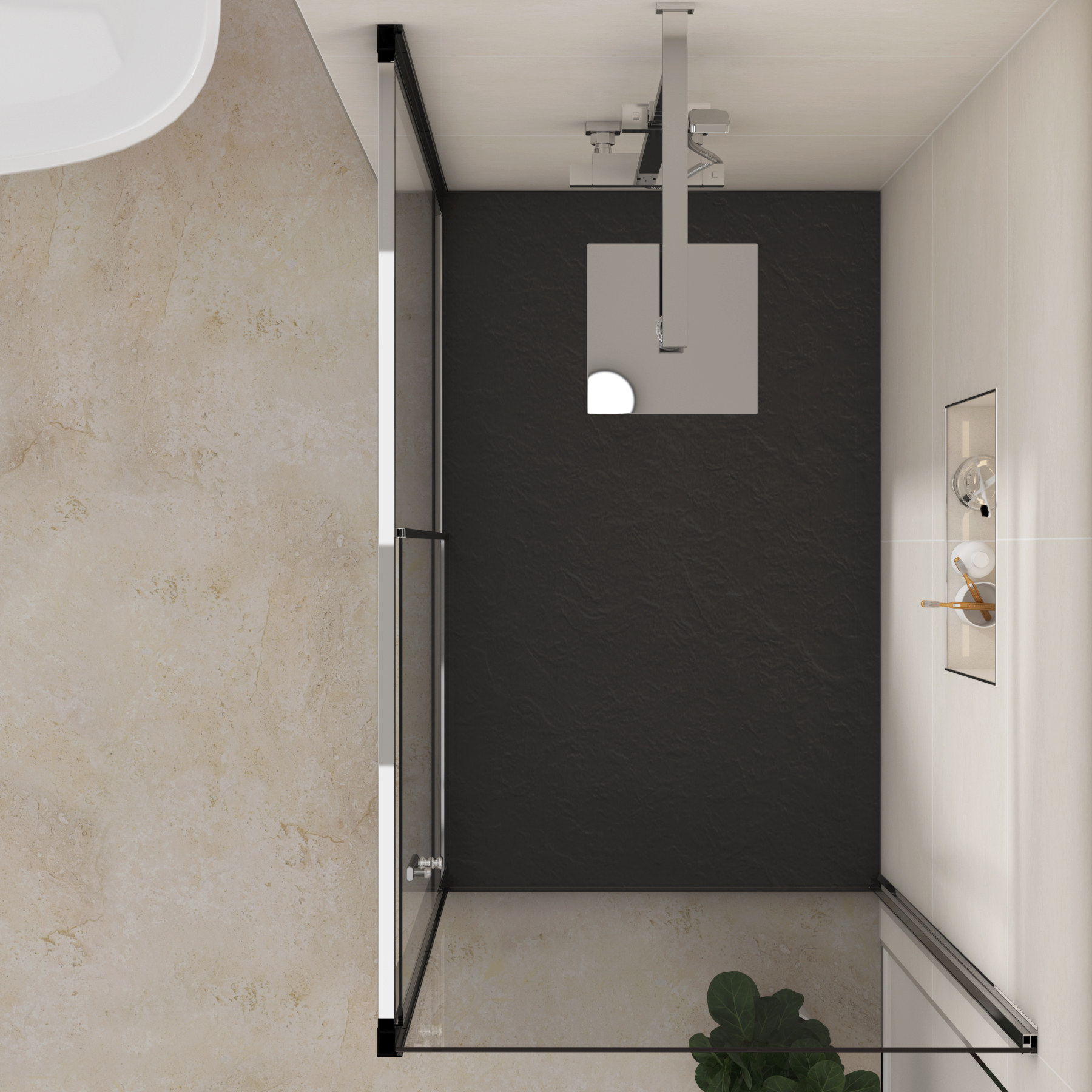 Grand Sliding Door Shower Enclosure with Side Panel & Black Slate Effect Stone Shower Tray - 6mm Glass