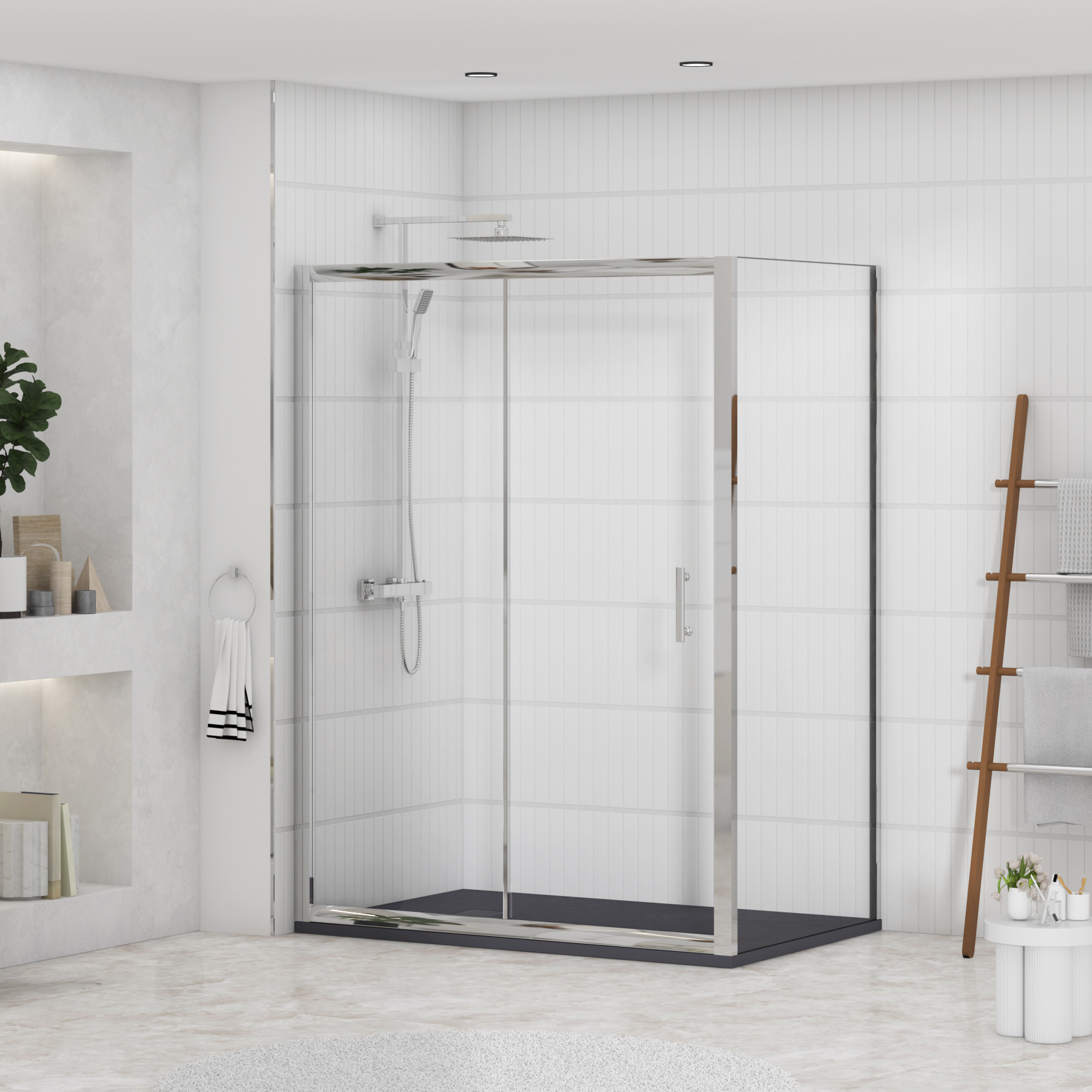 Grand Sliding Door Shower Enclosure with Side Panel & Grey Slate Effect Stone Shower Tray - 6mm Glass