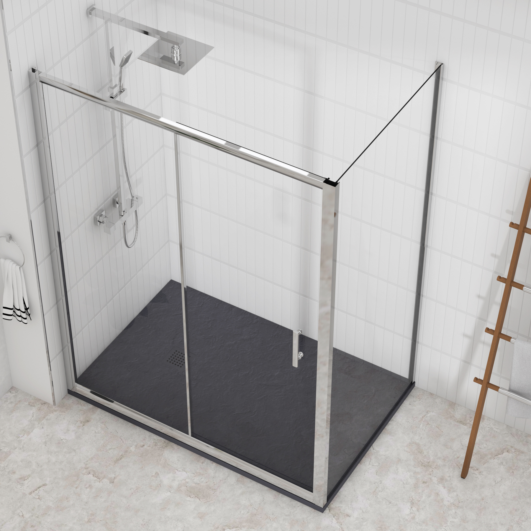 Grand Sliding Door Shower Enclosure with Side Panel & Grey Slate Effect Stone Shower Tray - 6mm Glass