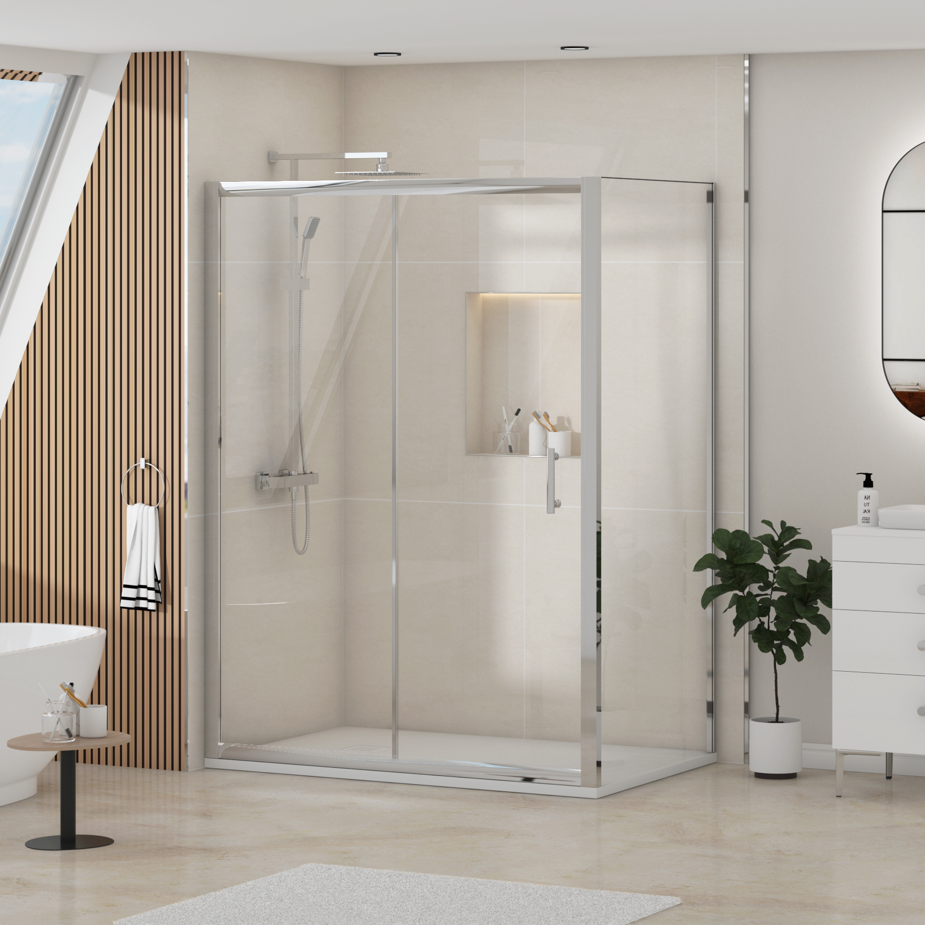Grand Sliding Door Shower Enclosure with Side Panel & White Slate Effect Stone Shower Tray - 6mm Glass