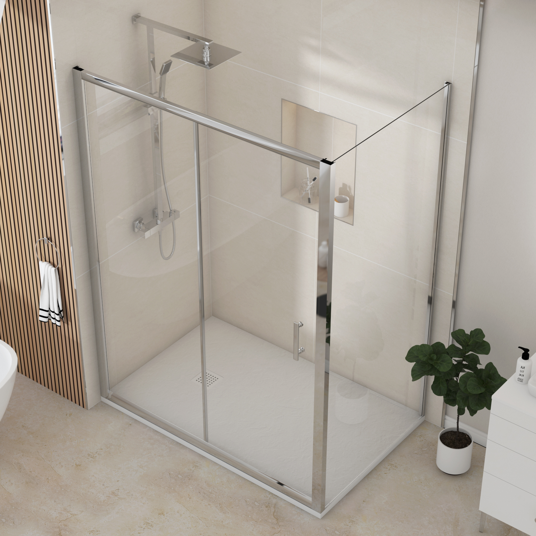 Grand Sliding Door Shower Enclosure with Side Panel & White Slate Effect Stone Shower Tray - 6mm Glass