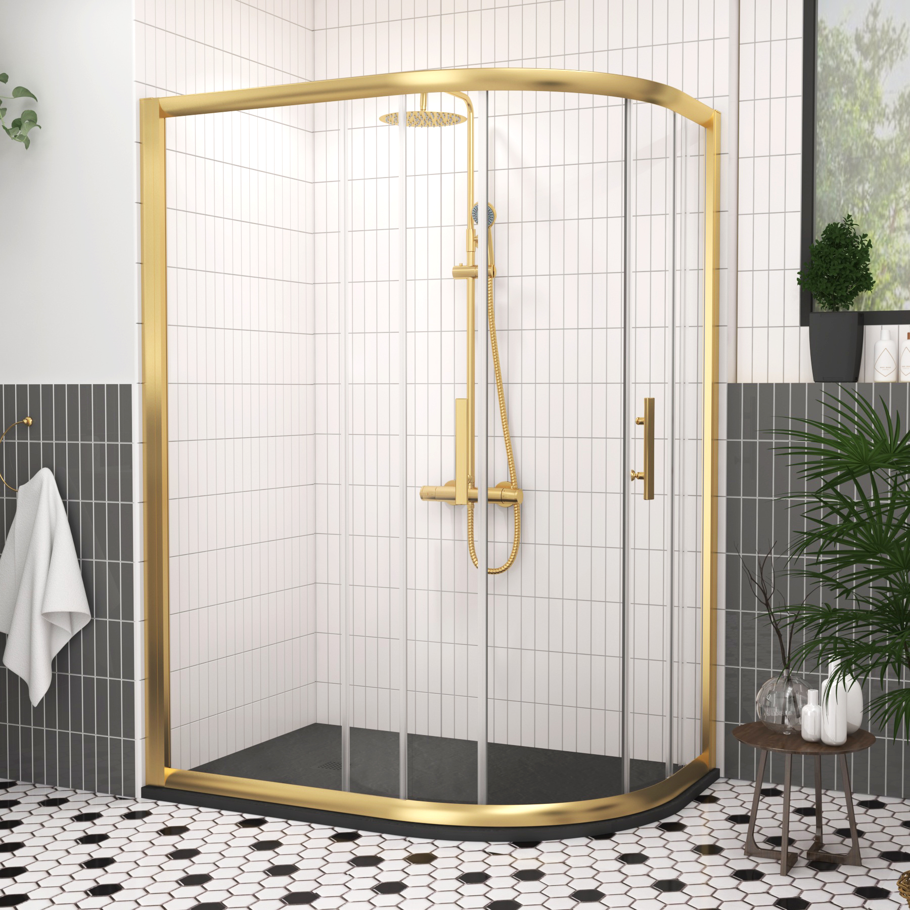 Venice 1200 x 800mm Brushed Brass Offset Quadrant Shower Enclosure with Black Stone Shower Tray - 6mm Double Sliding Door