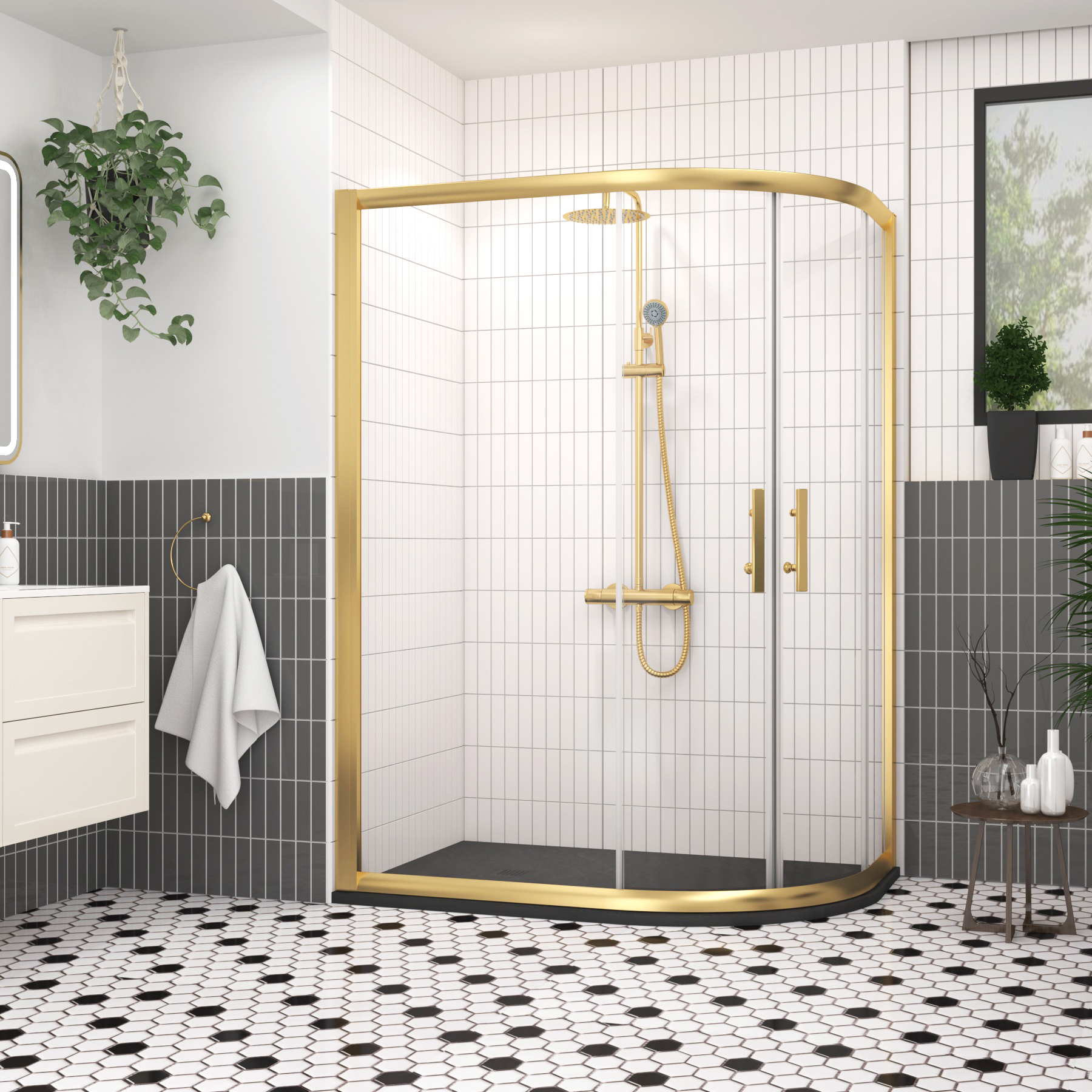 Venice 1200 x 800mm Brushed Brass Offset Quadrant Shower Enclosure with Black Stone Shower Tray - 6mm Double Sliding Door