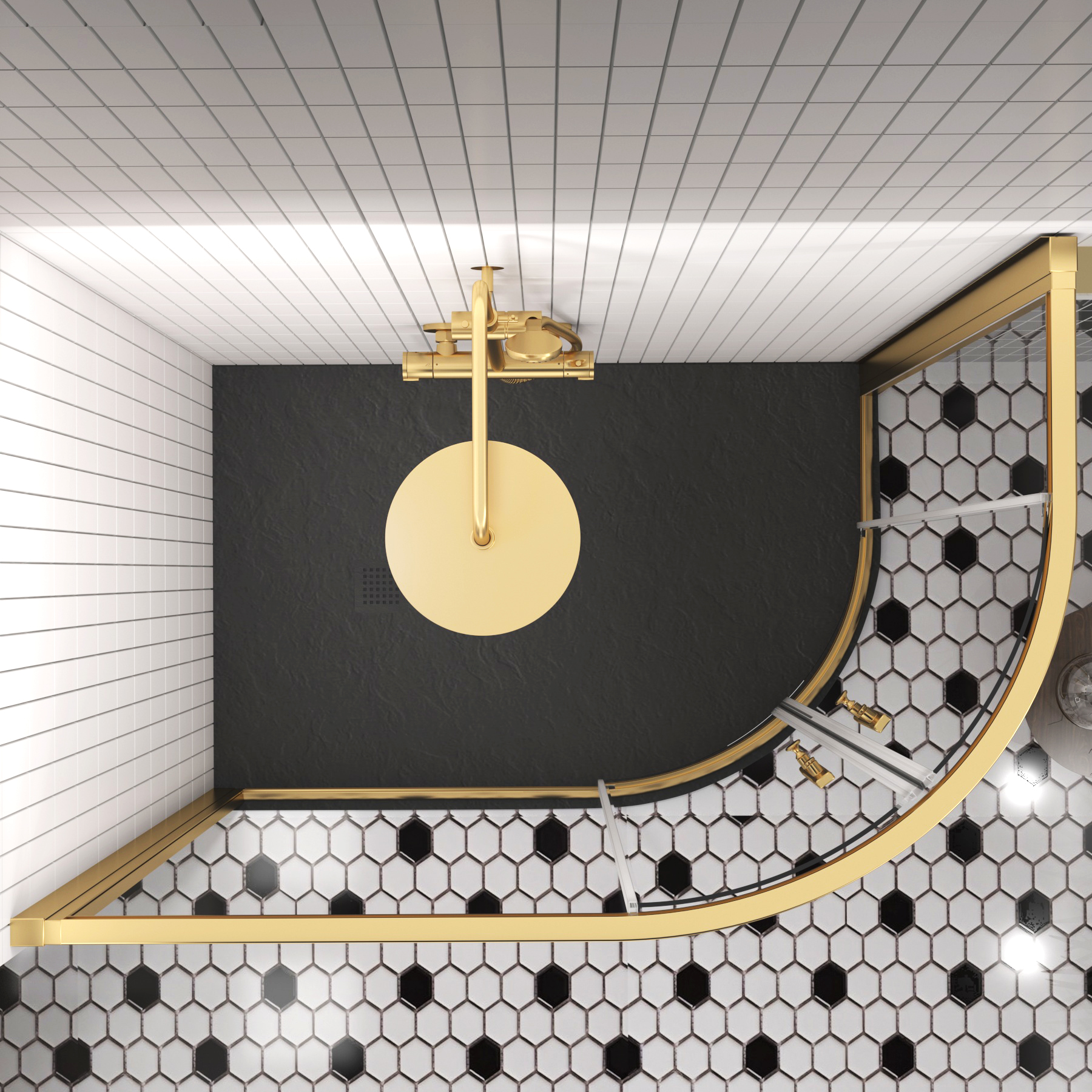 Venice 1200 x 800mm Brushed Brass Offset Quadrant Shower Enclosure with Black Stone Shower Tray - 6mm Double Sliding Door