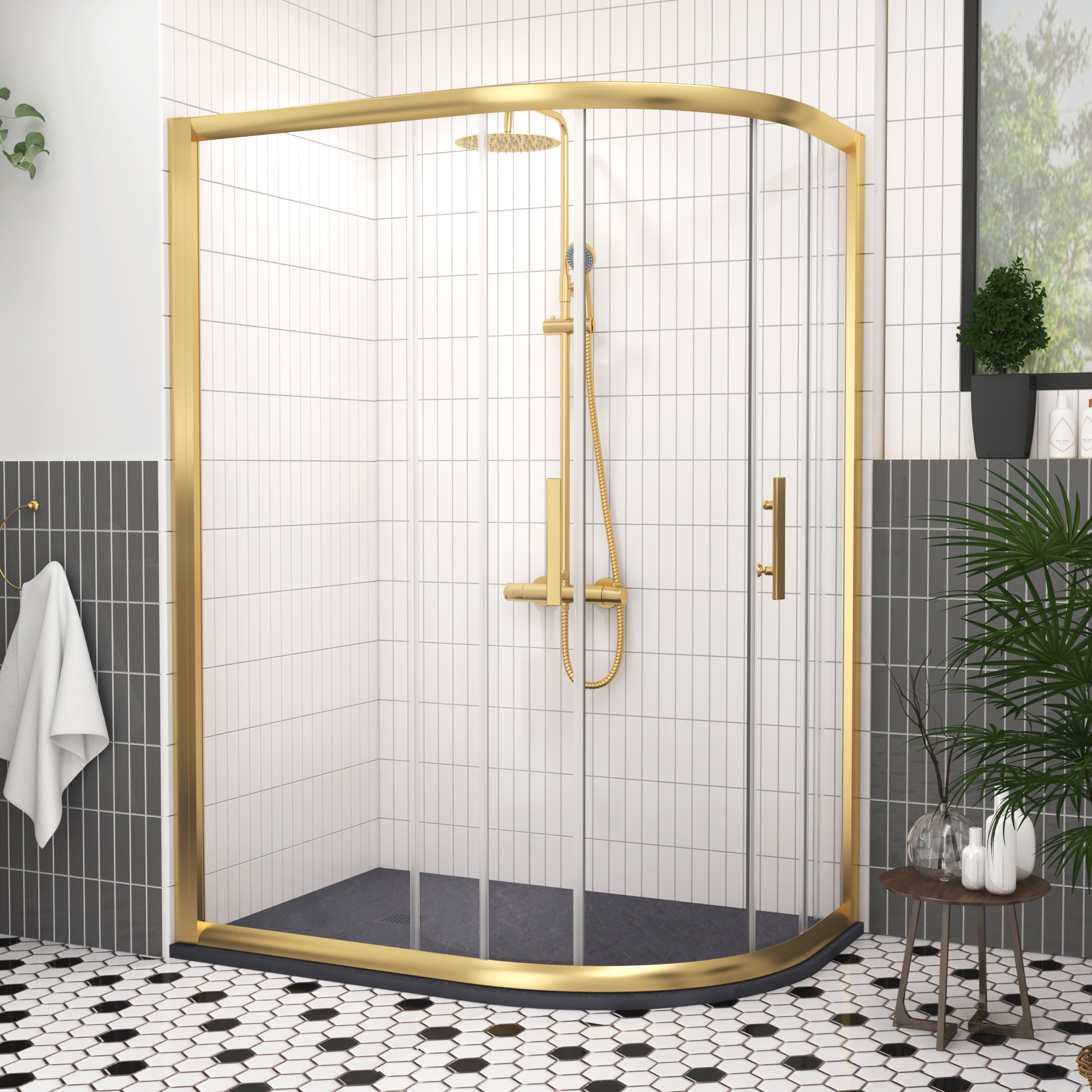 Venice 1200 x 800mm Brushed Brass Offset Quadrant Shower Enclosure with Grey Stone Shower Tray - 6mm Double Sliding Door