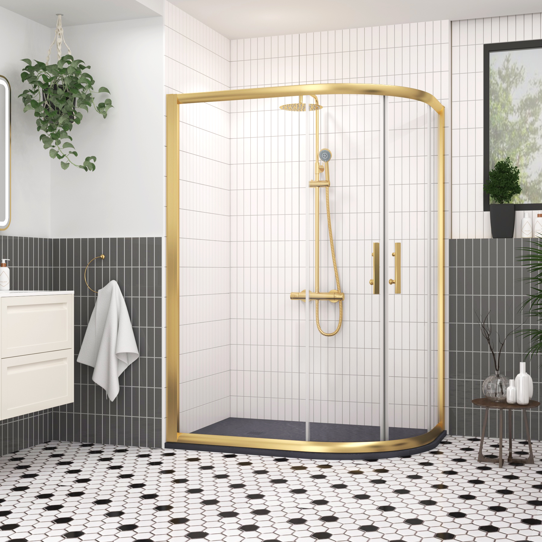 Venice 1200 x 800mm Brushed Brass Offset Quadrant Shower Enclosure with Grey Stone Shower Tray - 6mm Double Sliding Door