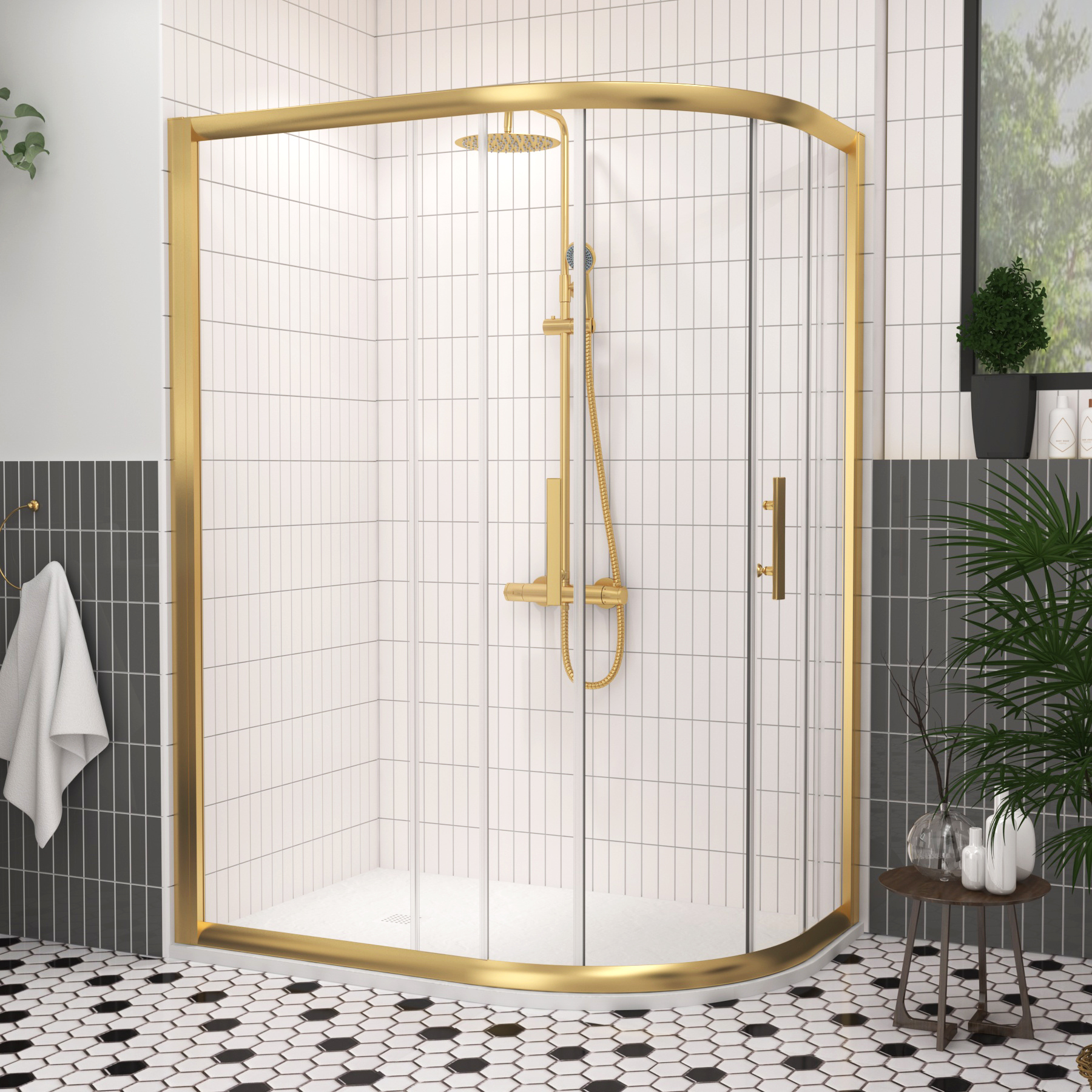 Venice 1200 x 800mm Brushed Brass Offset Quadrant Shower Enclosure with White Stone Shower Tray - 6mm Double Sliding Door