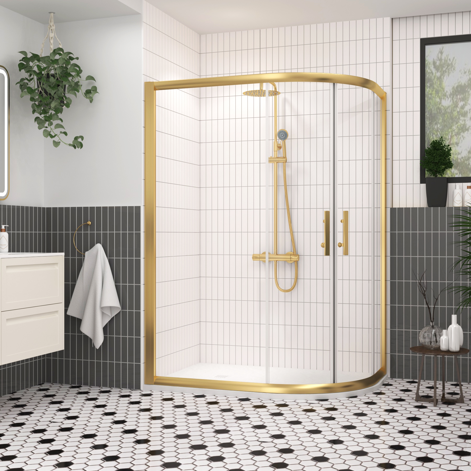 Venice 1200 x 800mm Brushed Brass Offset Quadrant Shower Enclosure with White Stone Shower Tray - 6mm Double Sliding Door