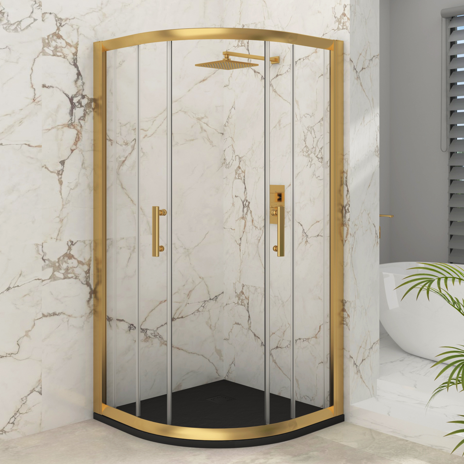 Venice Brushed Brass Quadrant Shower Enclosure with Black Stone Shower Tray - 6mm Double Sliding Door