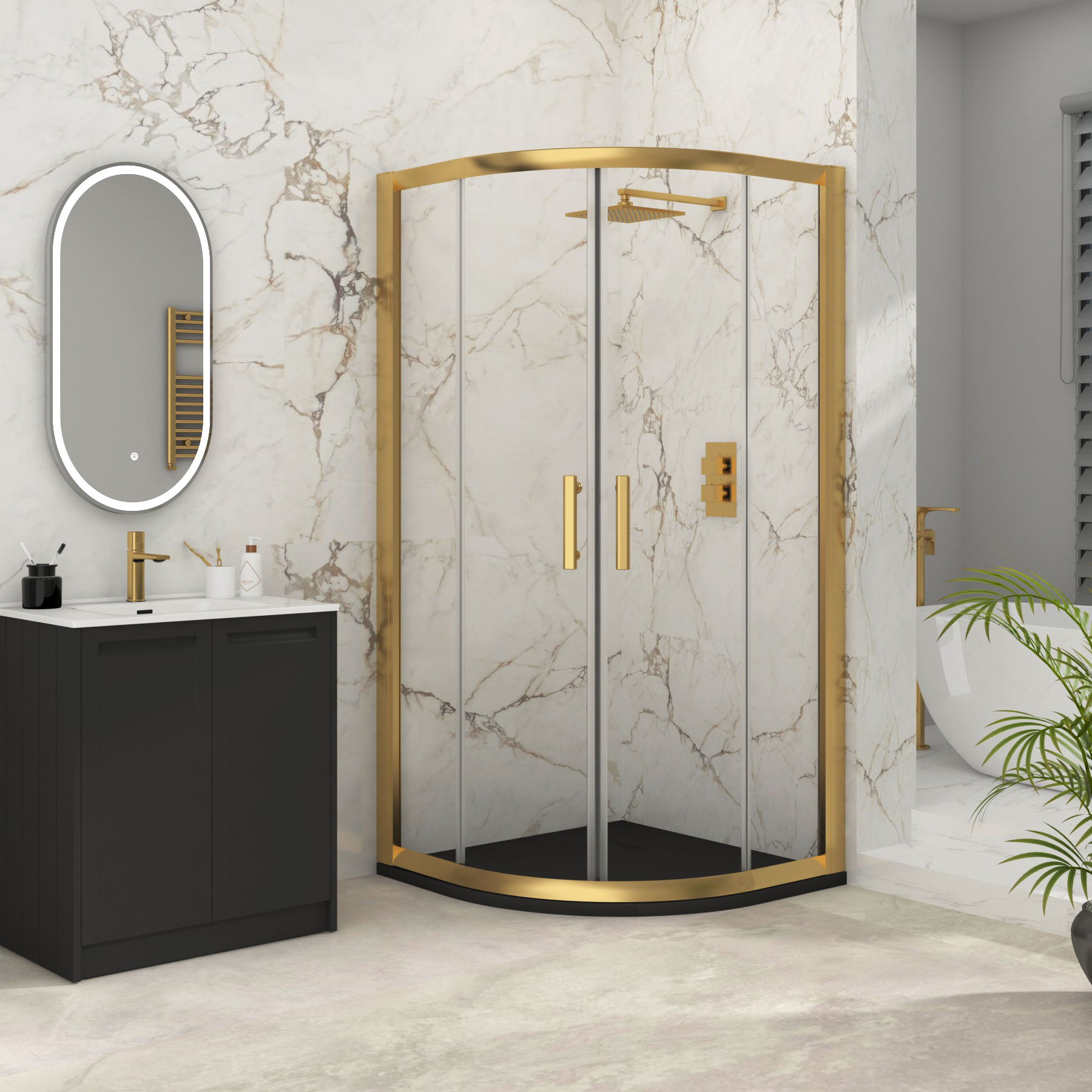 Venice Brushed Brass Quadrant Shower Enclosure with Black Stone Shower Tray - 6mm Double Sliding Door