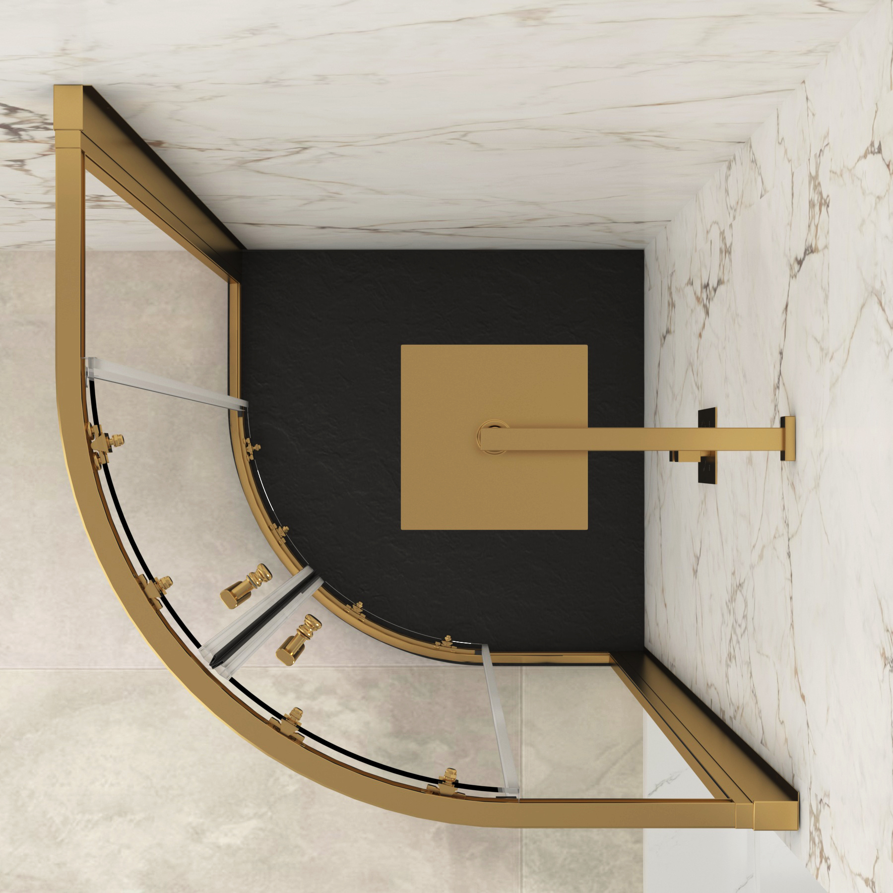 Venice Brushed Brass Quadrant Shower Enclosure with Black Stone Shower Tray - 6mm Double Sliding Door